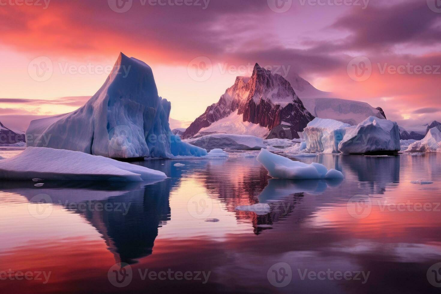 Ice formations and icebergs in Glacier Lagoon, Iceland, Europe, Early morning summer alpenglow lighting up icebergs during midnight season, AI Generated photo