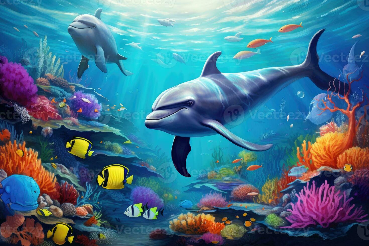 Dolphin swimming in the sea. Underwater world. Vector illustration, Dolphin with group of colorful fish and sea animals with colorful coral underwater in the ocean, AI Generated photo