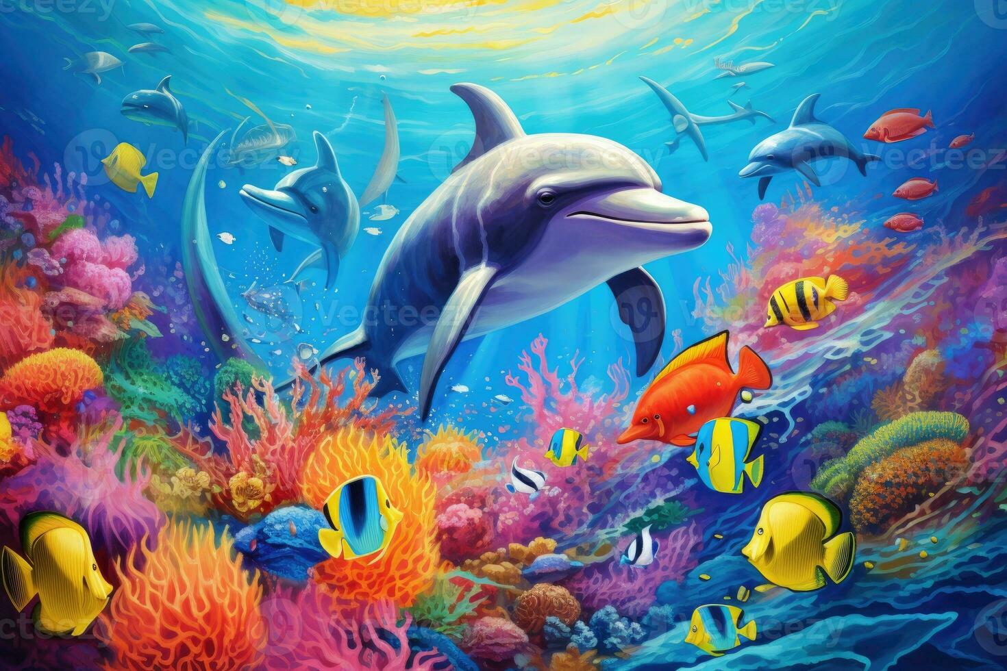 submarino escena con delfines y tropical pescado - ilustración para niños, delfín con grupo de vistoso pescado y mar animales con vistoso coral submarino en el océano, ai generado foto