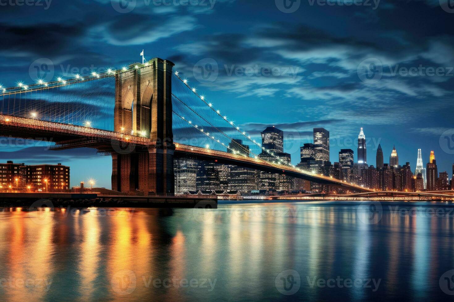 Brooklyn Bridge and Manhattan skyline at night, New York City, East River mit Blick auf Manhattan und die Brooklyn Bridge, New York, USA, AI Generated photo