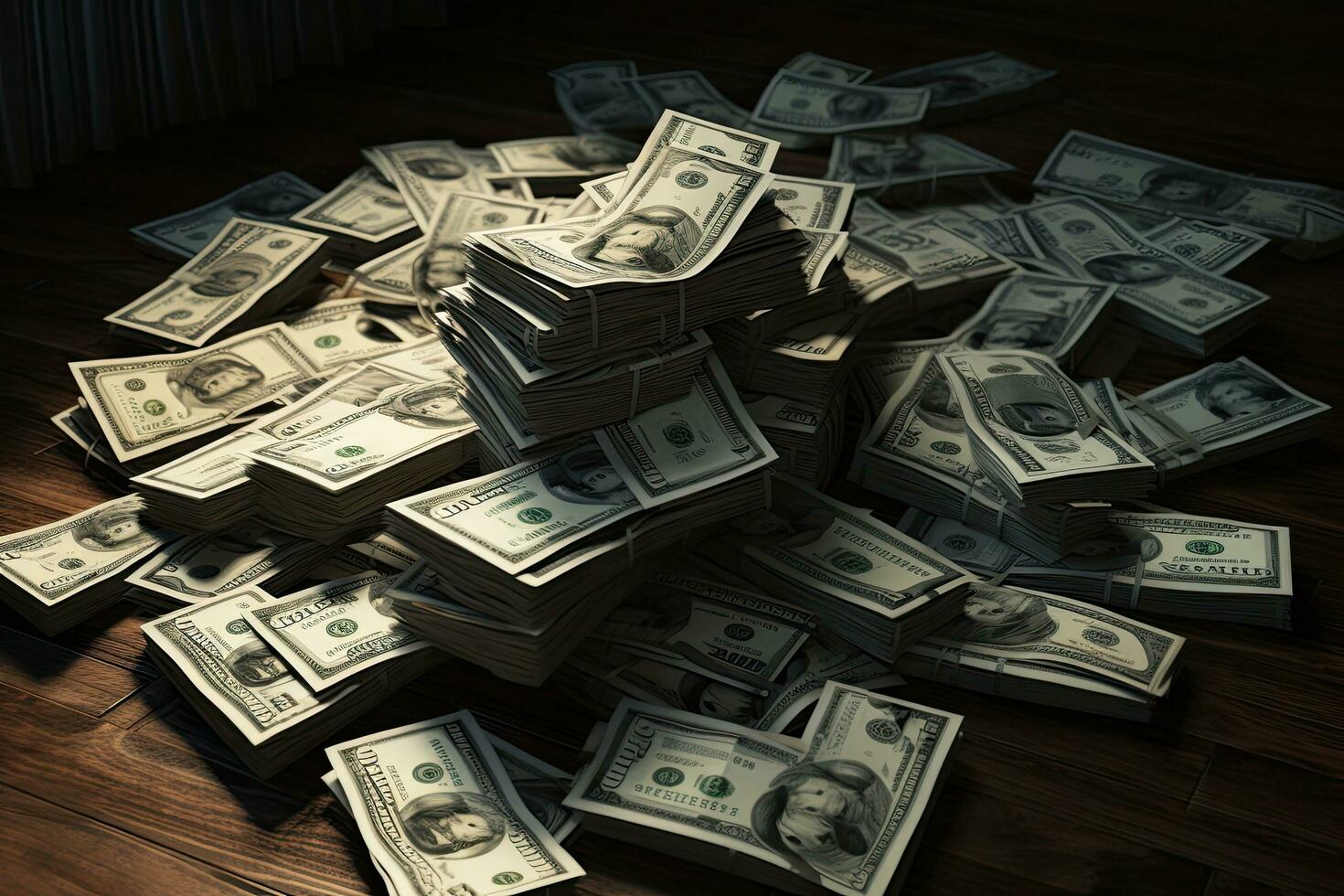 Hundred dollar bills on wooden floor. 3d render illustration, Money and dollar bills are spread out on the table, AI Generated photo