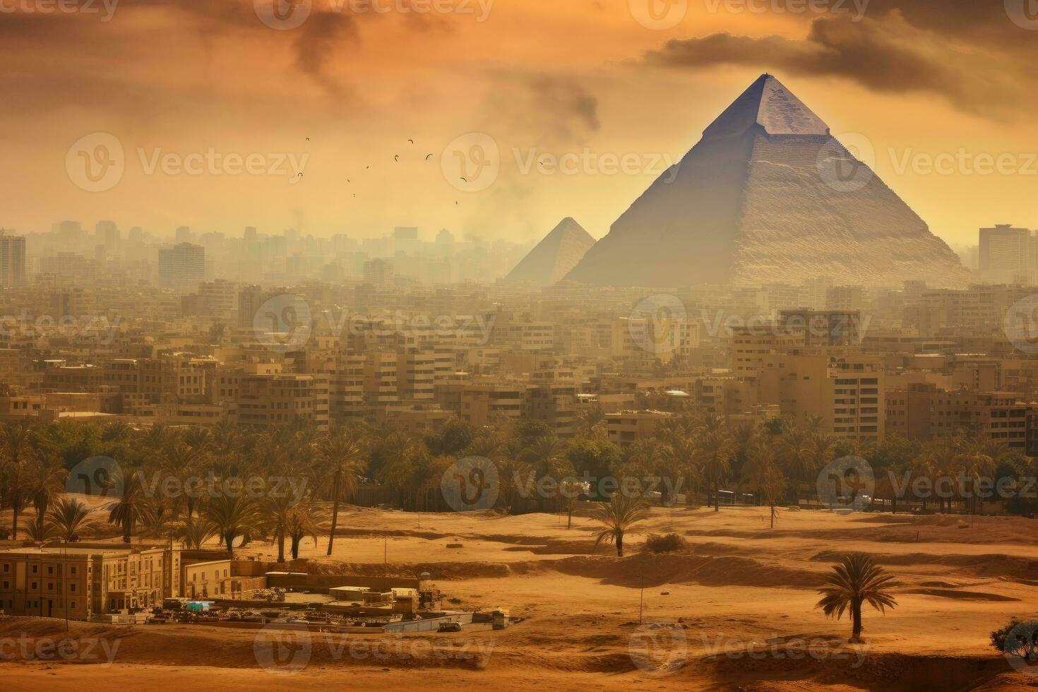 Dramatic sunset over Cairo, Egypt with the Egyptian pyramids, Egypt. Cairo - Giza. General view of pyramids and cityscape from the Giza Plateau, AI Generated photo