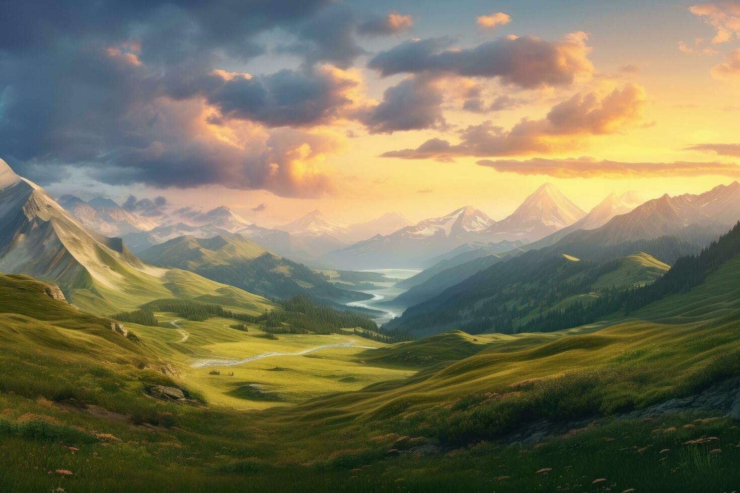 hermosa montaña paisaje a puesta de sol. digital cuadro. 3d representación, montaña Valle durante puesta del sol. hermosa natural paisaje en el verano tiempo, ai generado foto