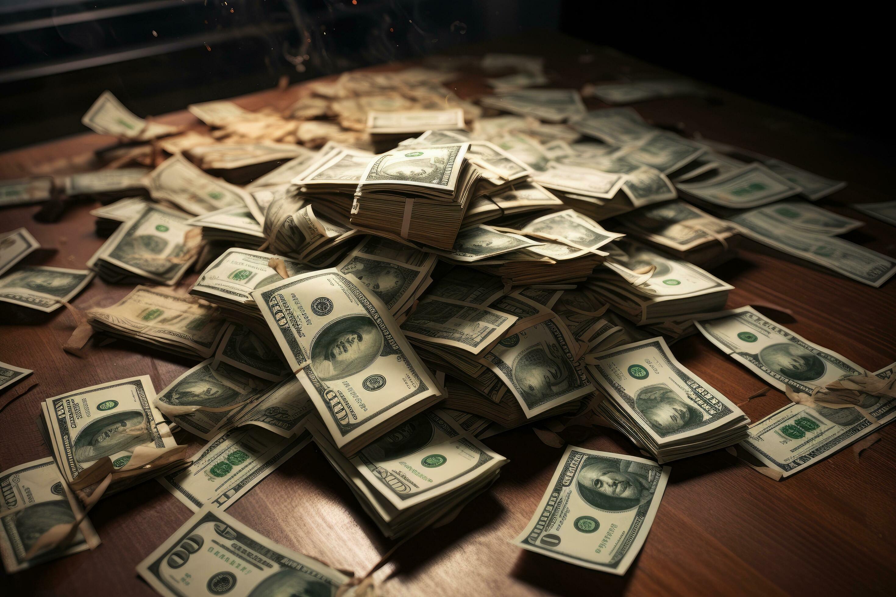 Hundred dollar bills are scattered on the table. Toned, Money and