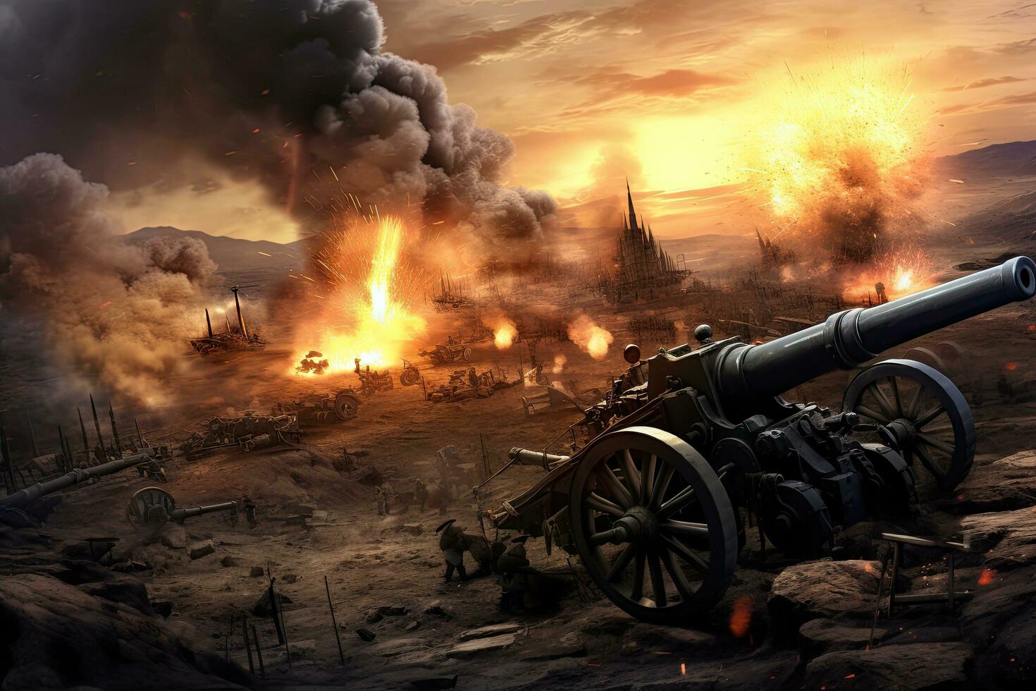 Digital illustration of a cannon on fire during a war in the desert, Modern artillery and anti-aircraft guns on a battlefield, AI Generated photo