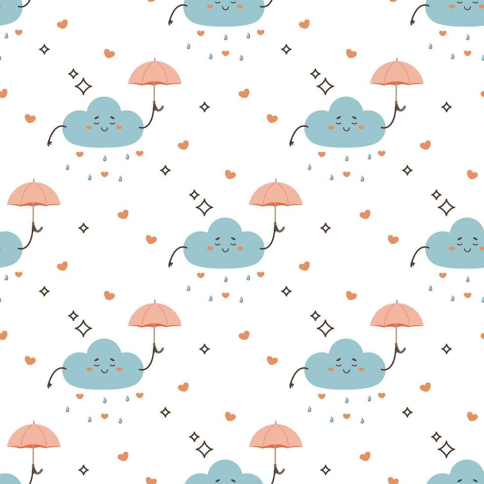 Seamless pattern cute cloud with umbrella, hearts vector