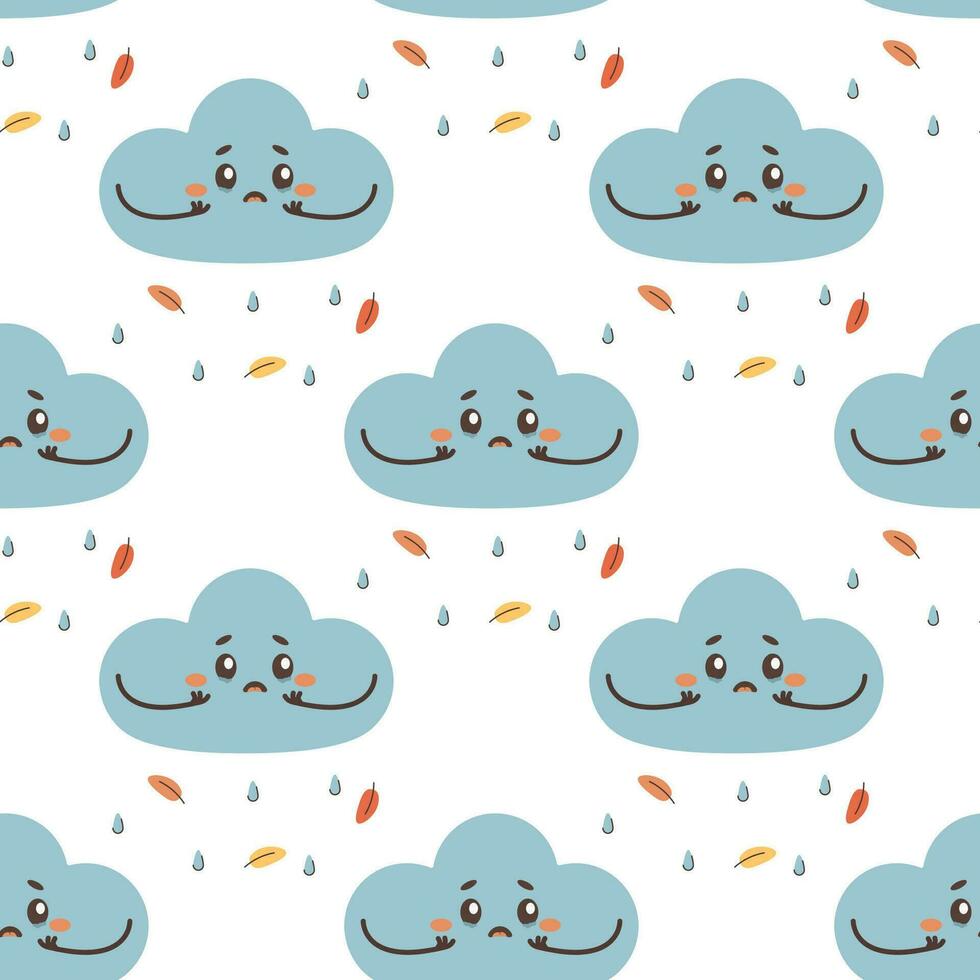 Seamless pattern sad cloud crying, rain, vector