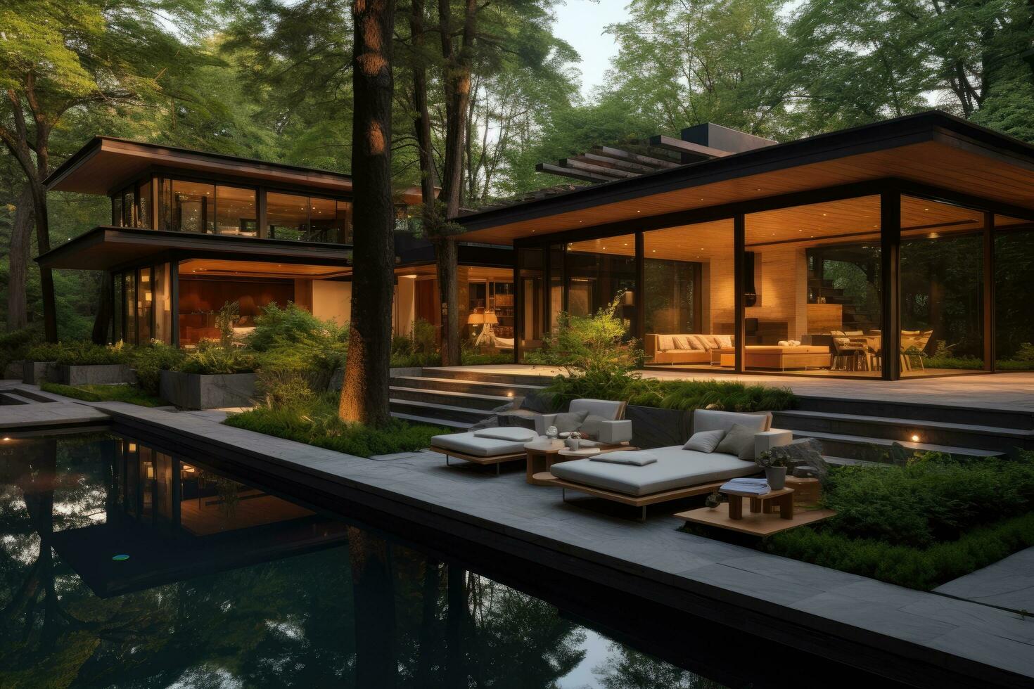 3d rendering of modern cozy chalet with pool and parking for sale or rent. Beautiful forest on background. Clear summer night with many stars on the sky, AI Generated photo