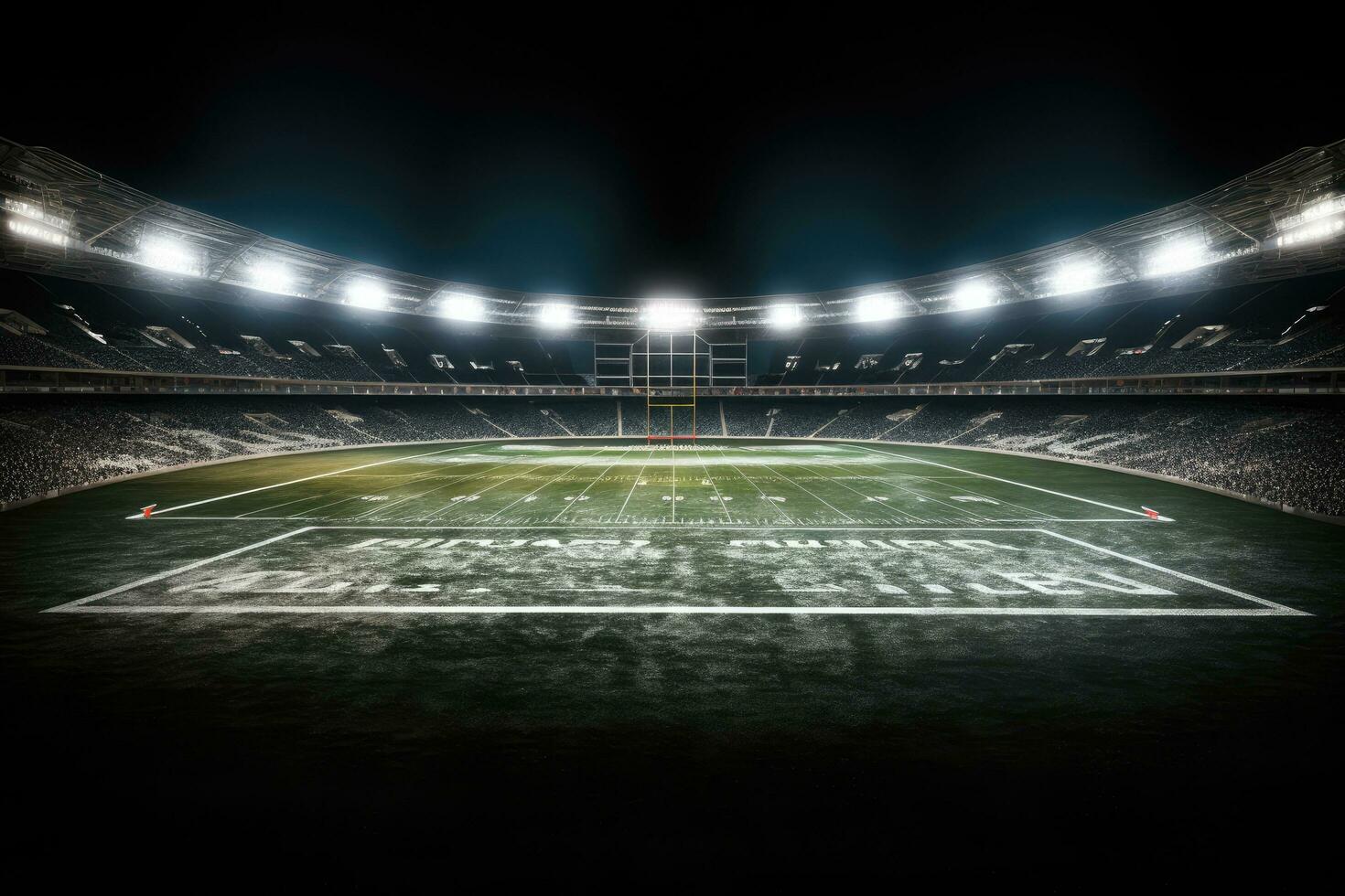3d hacer de un rugby estadio a noche con luces y jugadores, fútbol americano campo iluminado por estadio luces, ai generado foto