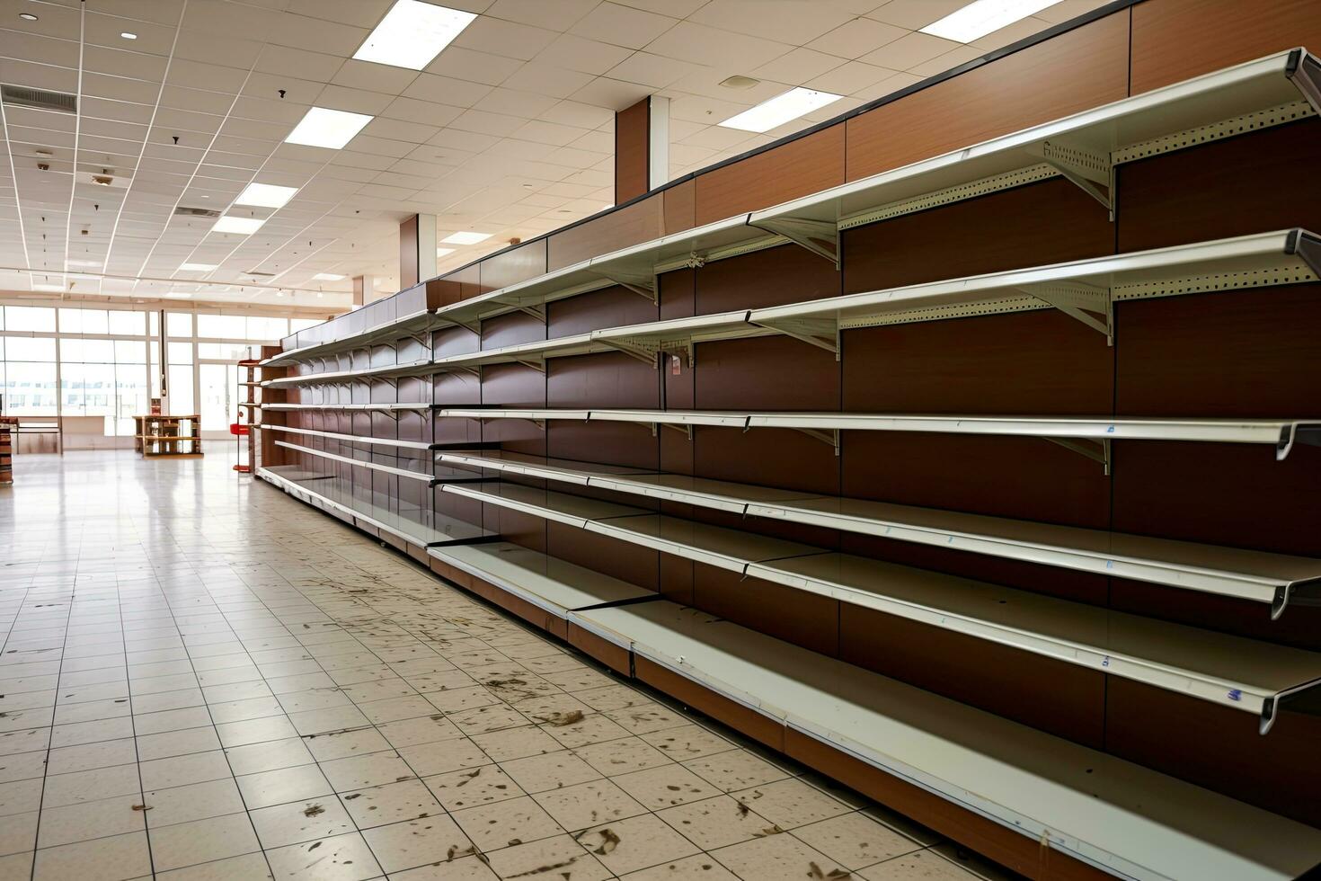 Interior of a modern shopping mall with rows of empty shelves, Food shortage in a generic supermarket. Empty shelves, AI Generated photo