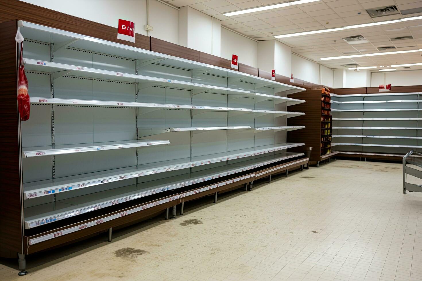 Interior of a modern supermarket with shelves and shelves for sale, Food shortage in a generic supermarket. Empty shelves, AI Generated photo