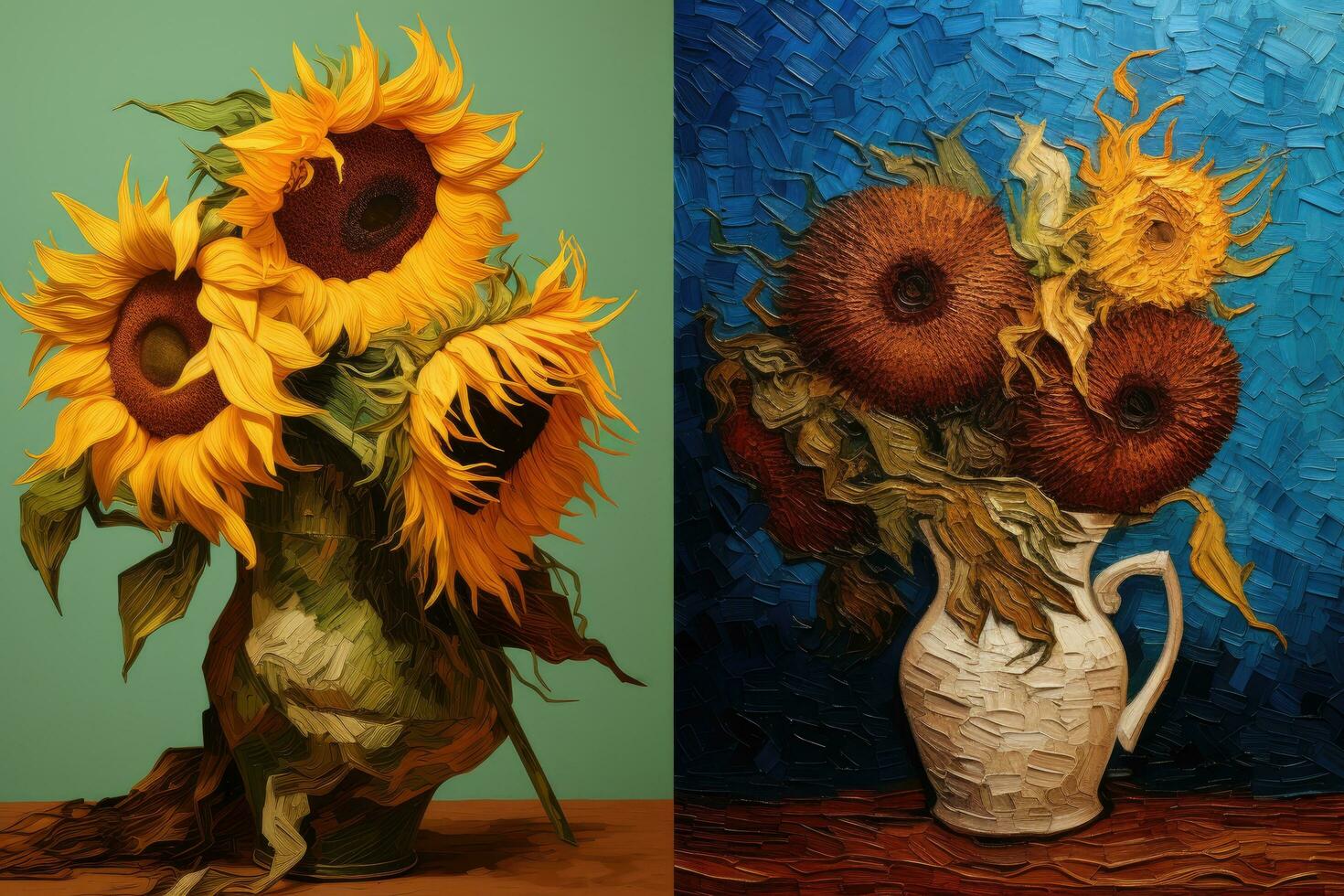 Digital painting of sunflowers in a vase on a wooden table, Flower Artwork in Van Gogh's style, AI Generated photo