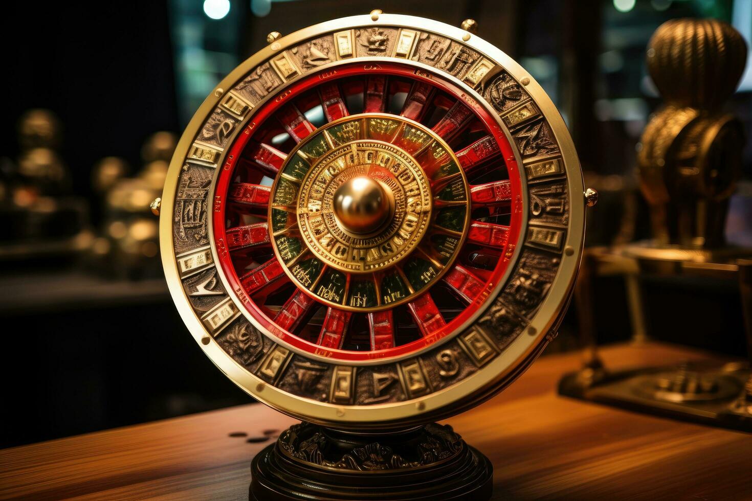 ruleta rueda en el mesa en un casino, de cerca, fortuna rueda para ventas promoción evento, ai generado foto