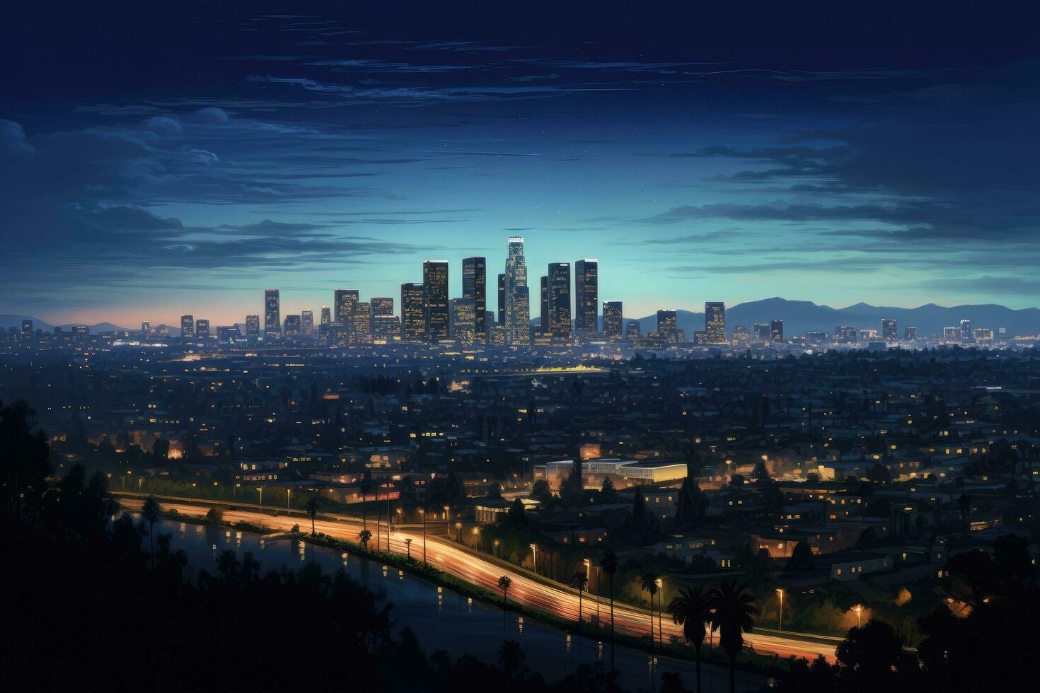 Los Angeles city skyline at night, California, United States of America