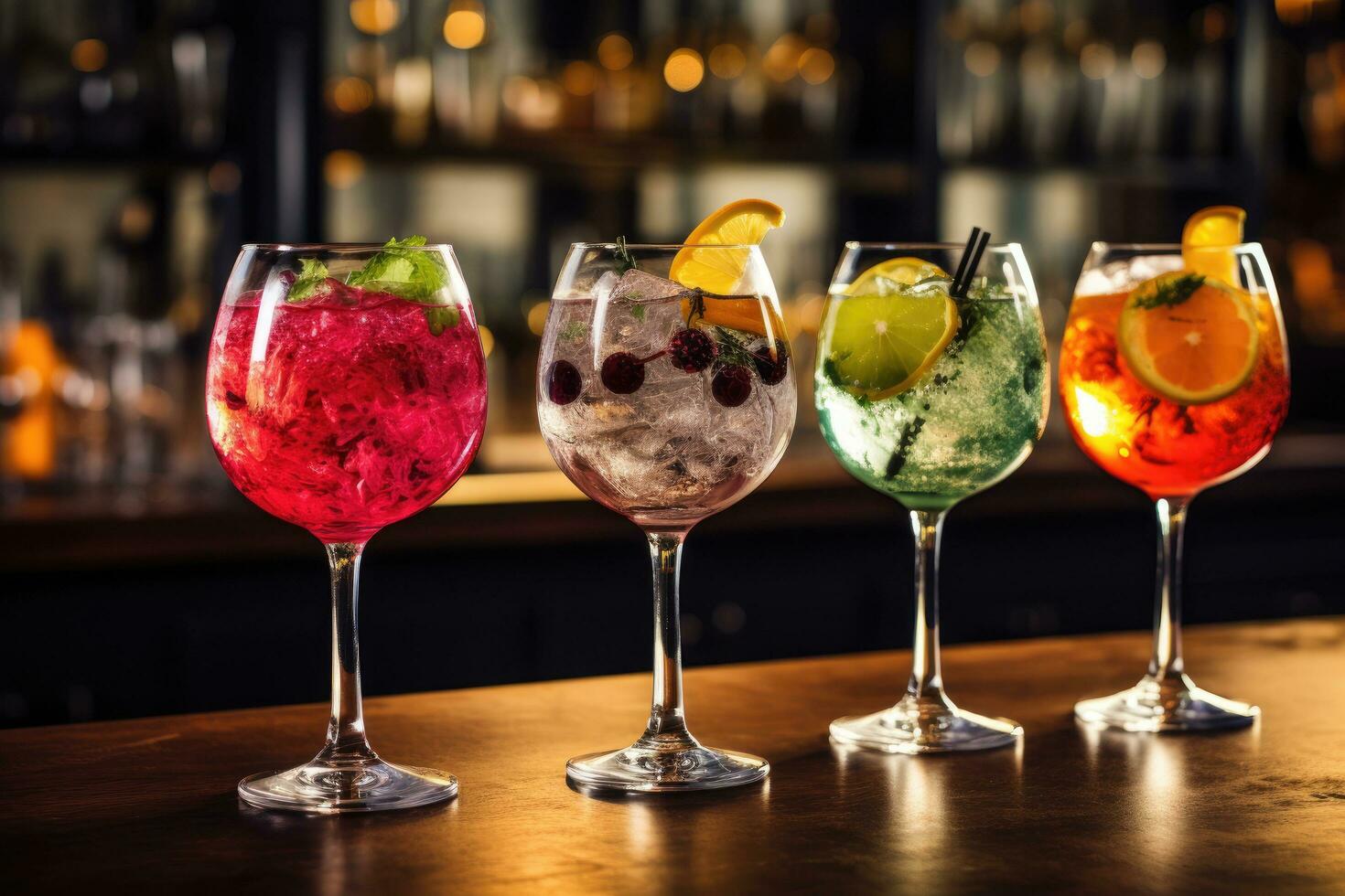 Variety of alcoholic cocktails on the bar counter in a nightclub, Five colorful gin tonic cocktails in wine glasses on the bar counter in pub or restaurant, AI Generated photo