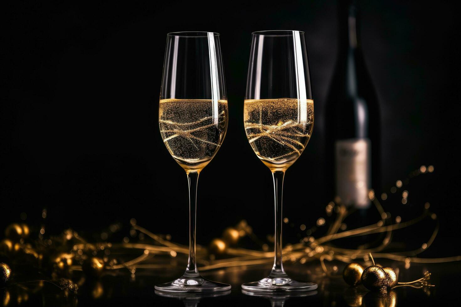 Two glasses of champagne and bottle on black background. New Year and Christmas concept, luxurious garden painting with elegant outdoor furniture, AI Generated photo