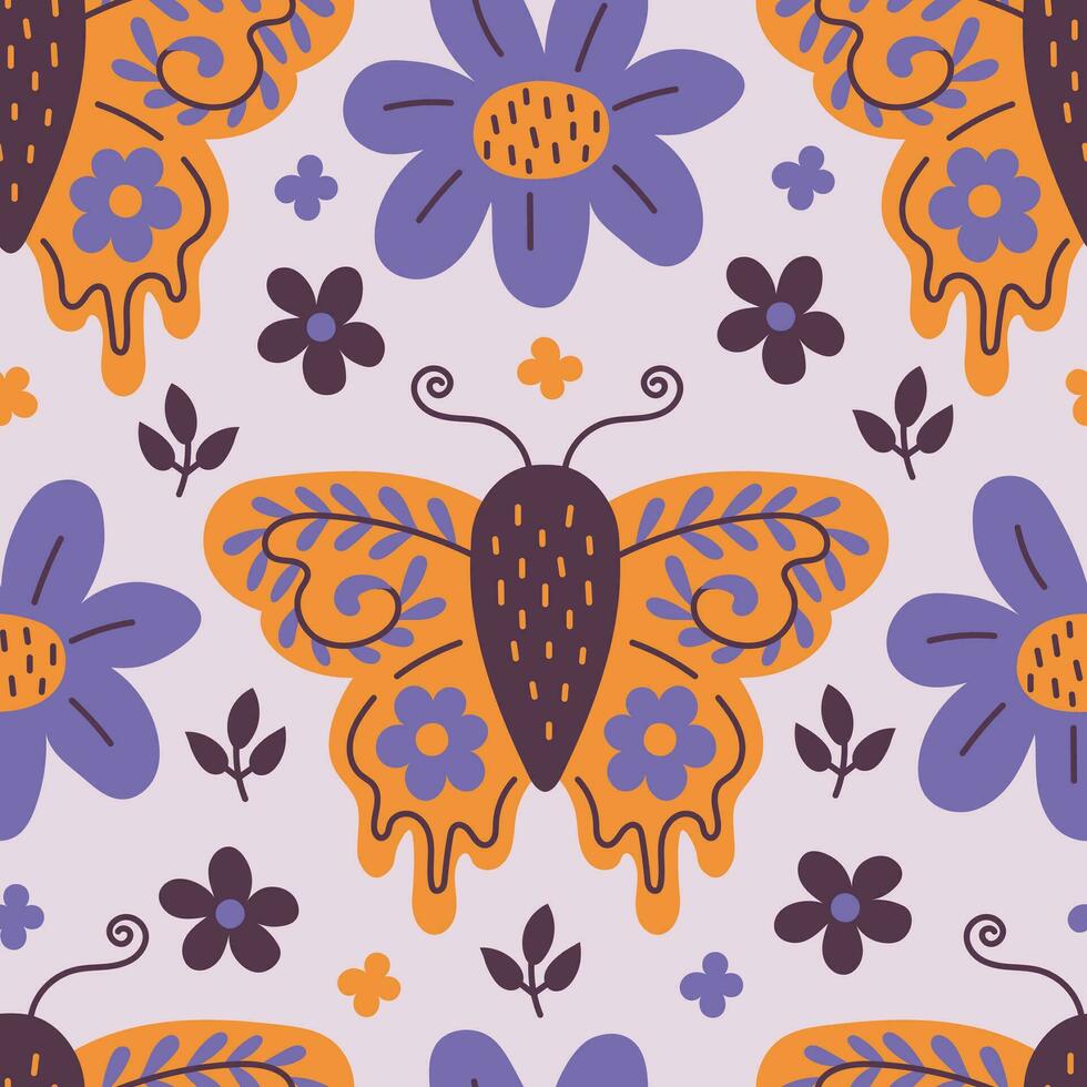 Modern nature seamless pattern with butterfly and flowers vector