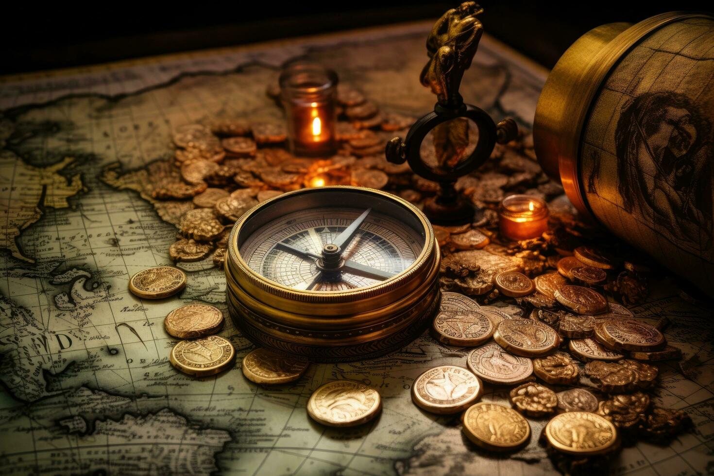 Vintage compass and coins on old map. Treasure concept. Selective focus, Old compass, telescope, and coins on an antique world map, AI Generated photo