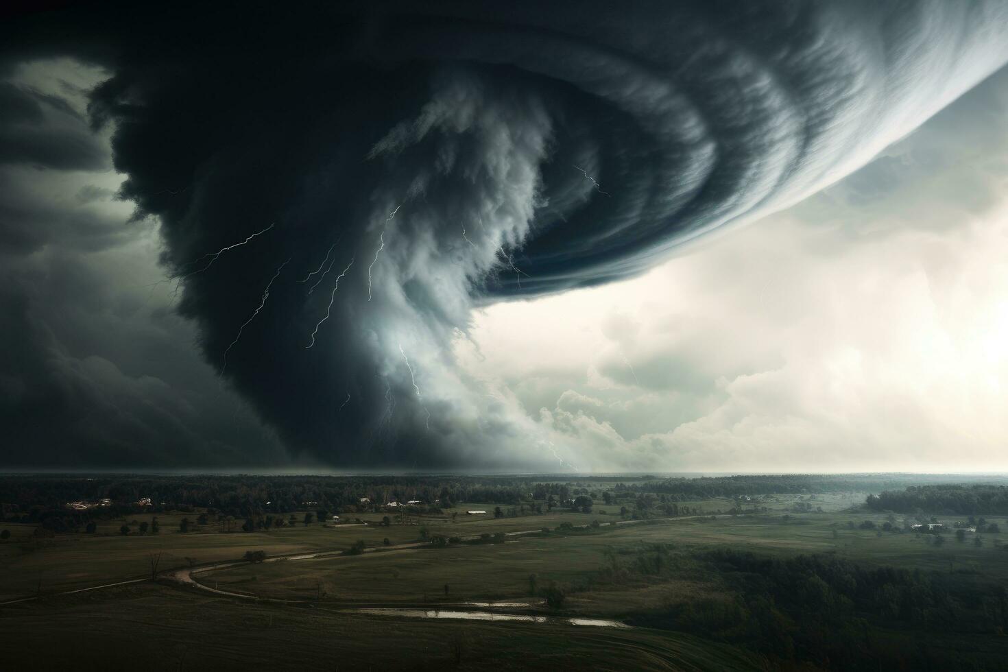 Dramatic stormy sky over the village. 3d render, panorama of the mountains, AI Generated photo