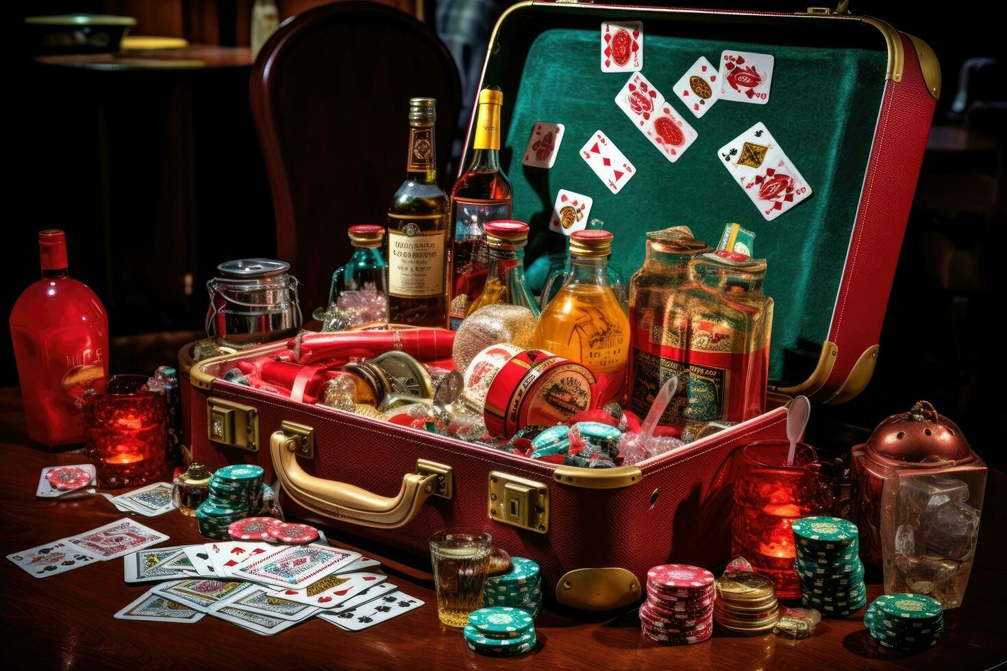 Poker table with old suitcase full of chips and bottles of alcohol, Now the only thing a gambler needs Is a suitcase and a trunk And the only time he'll be satisfied Is when he's all, AI Generated photo