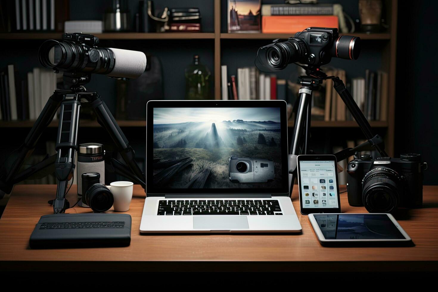 Photographer workplace with laptop, camera and other accessories on wooden table, Photographer's workplace with laptop, tablet, smartphone and other equipment, AI Generated photo