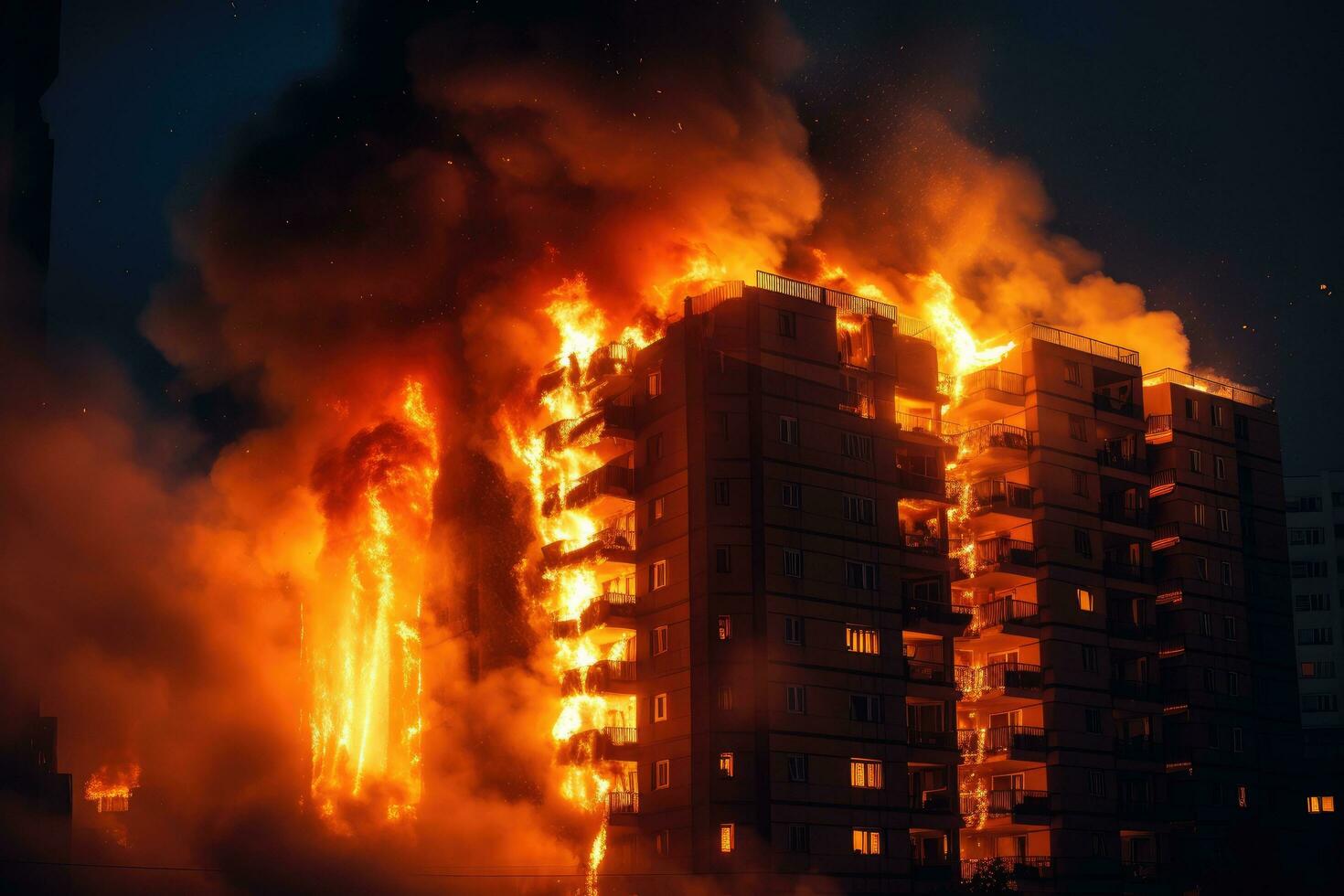 Fire in the city at night. Firefighters extinguish a fire, Night fire. Apartment is burning, AI Generated photo