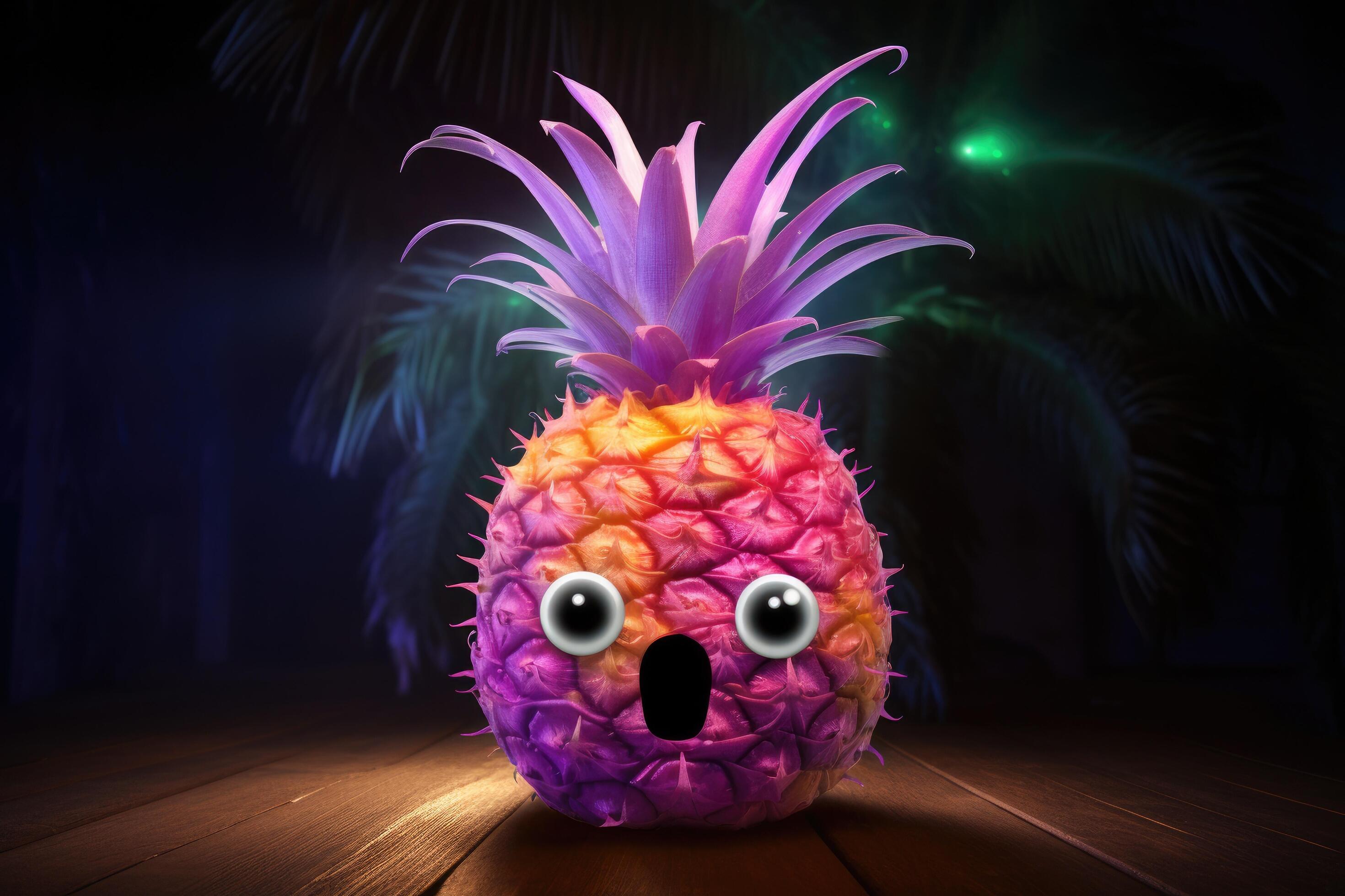 Funny pineapple character with eyes and mouth on wooden table in dark