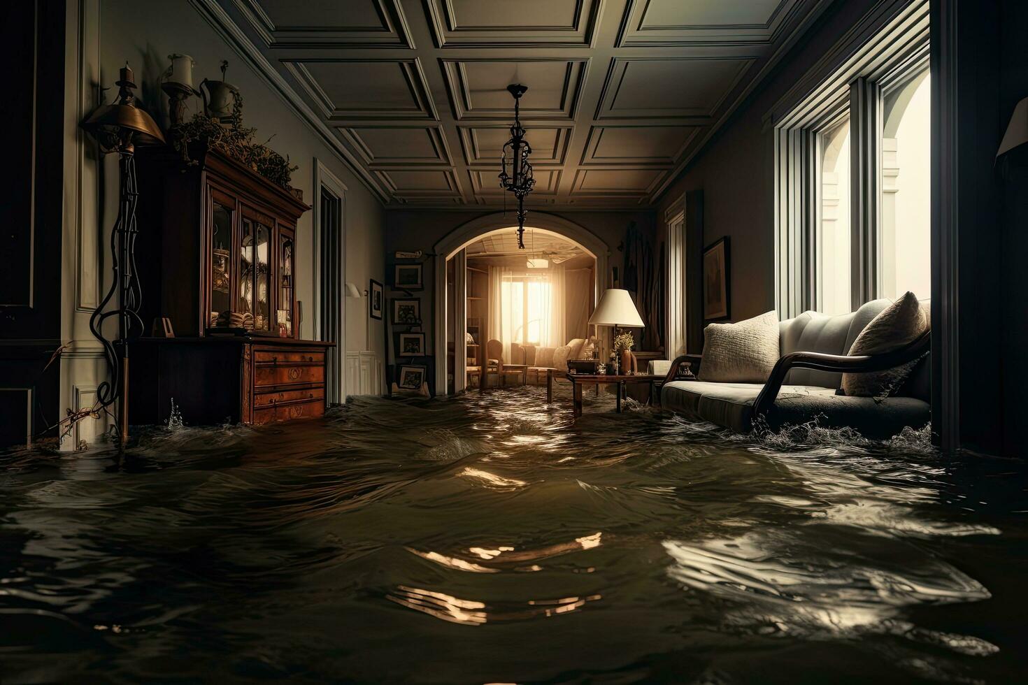 Luxury hotel room interior. 3D rendering and illustration, flooded house with rooms full of water, AI Generated photo