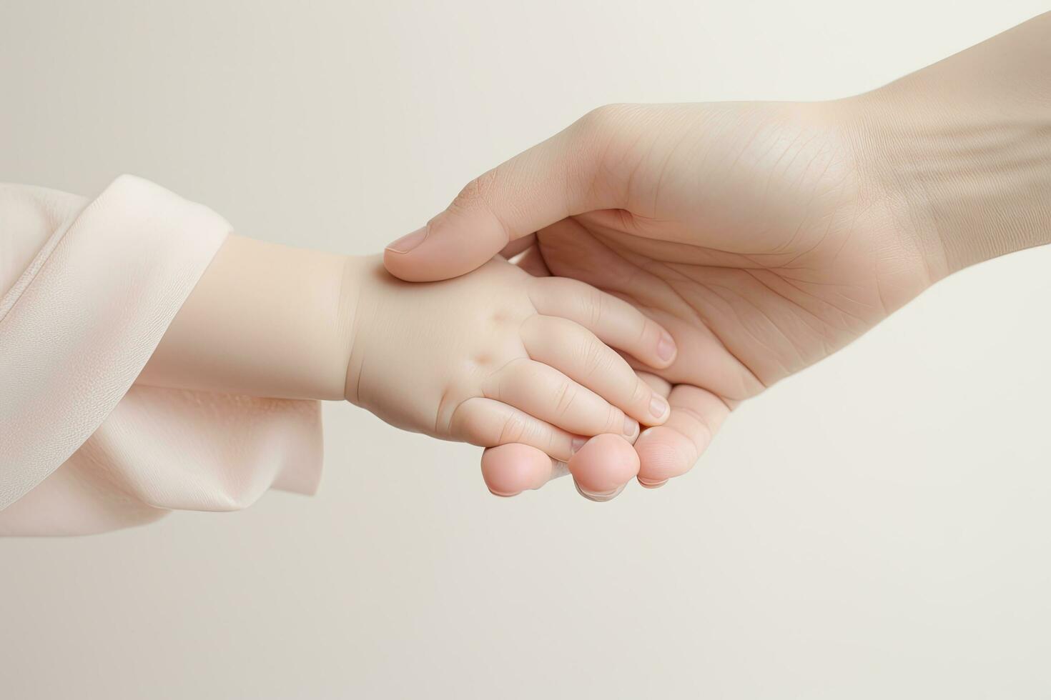 Hands of mother and daughter holding hands, isolated on white background, Newborn baby and mother holding hands on a white background, Hands close up, no hand deformation, AI Generated photo