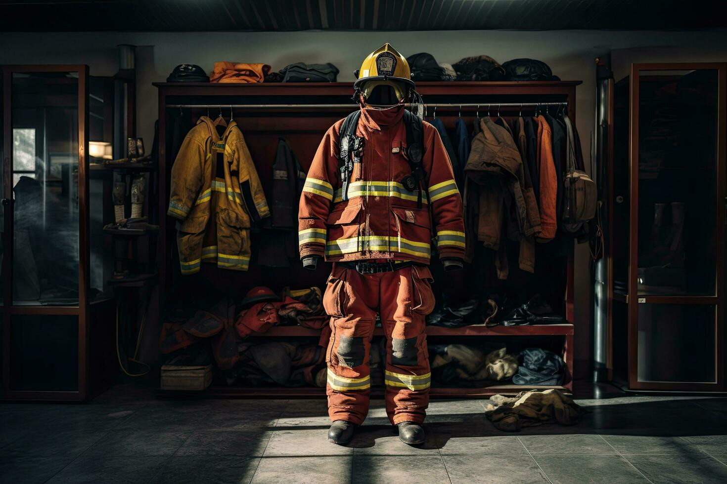 Firefighter in uniform and helmet standing in front of the fire station, Firefighter bunker suit in the fire station, AI Generated photo