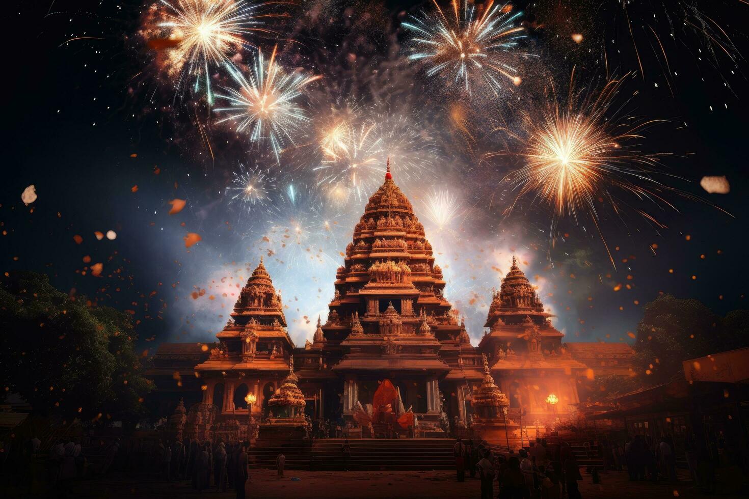 Fireworks in the night sky of Bagan, Myanmar Burma, fireworks above a Hindu temple during Diwali or Deepavali, AI Generated photo