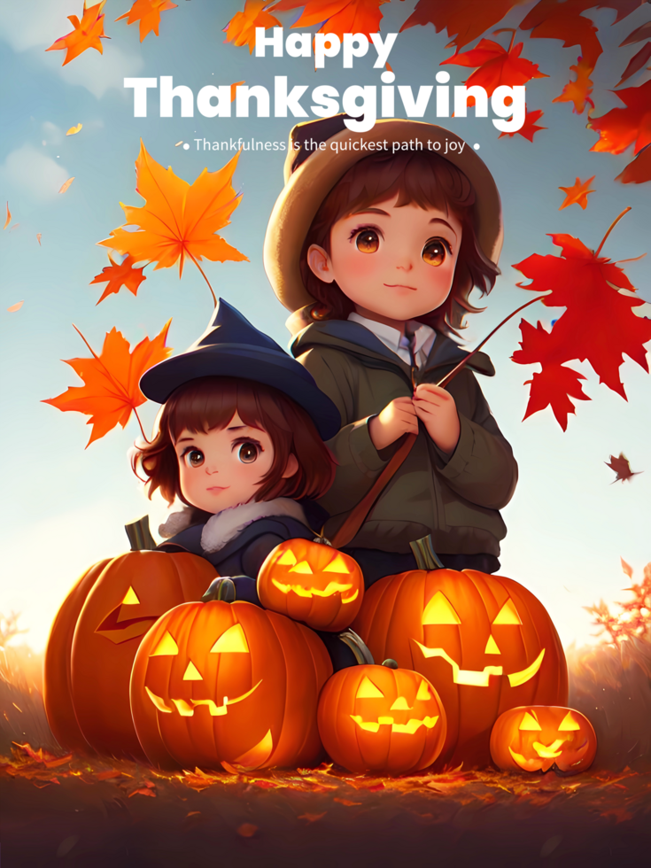 Thanksgiving Poster Template With Two Little Kids Pumpkins And Falling Autumn Leaves. Generative AI psd