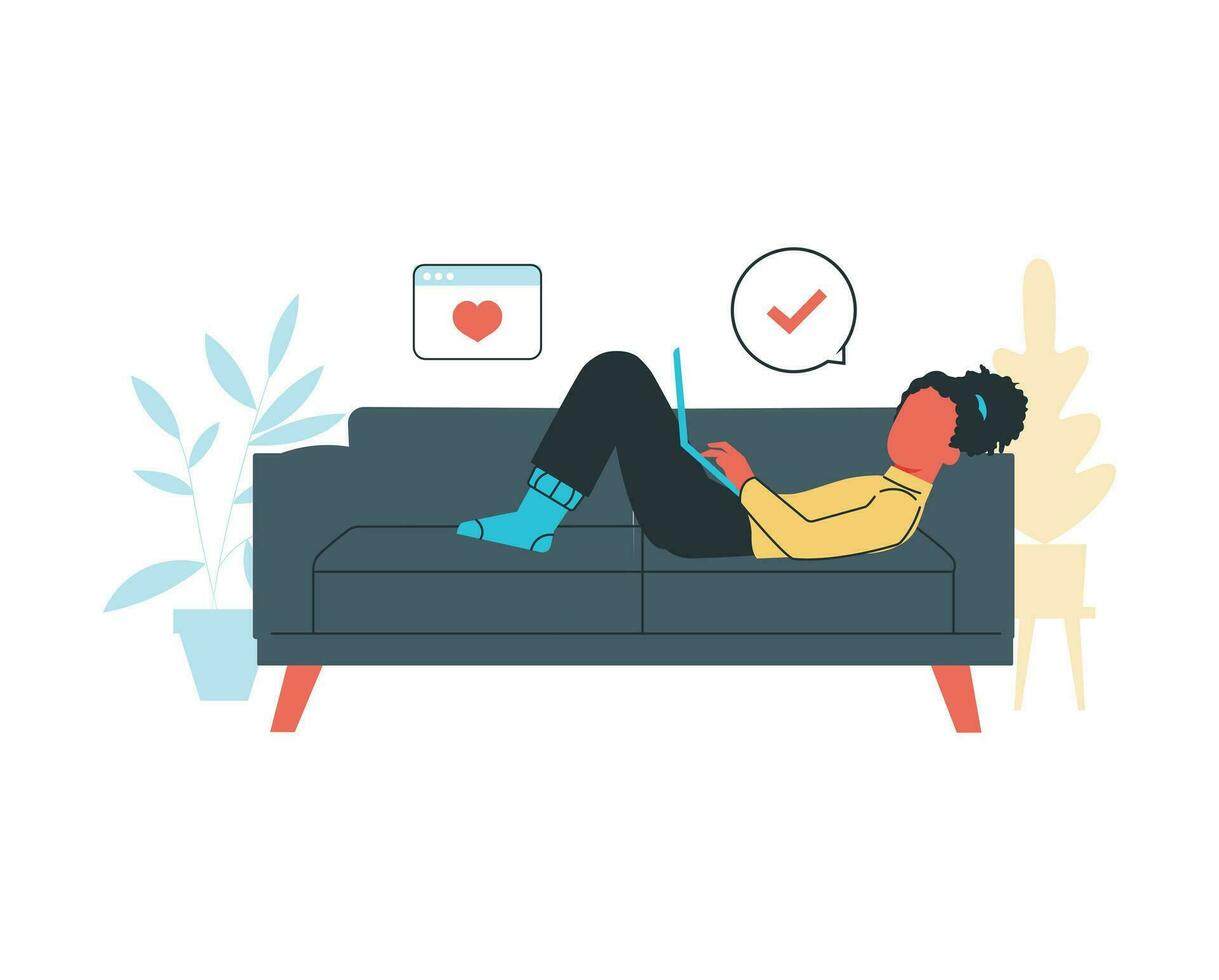 girl lie down on a couch while using laptop vector