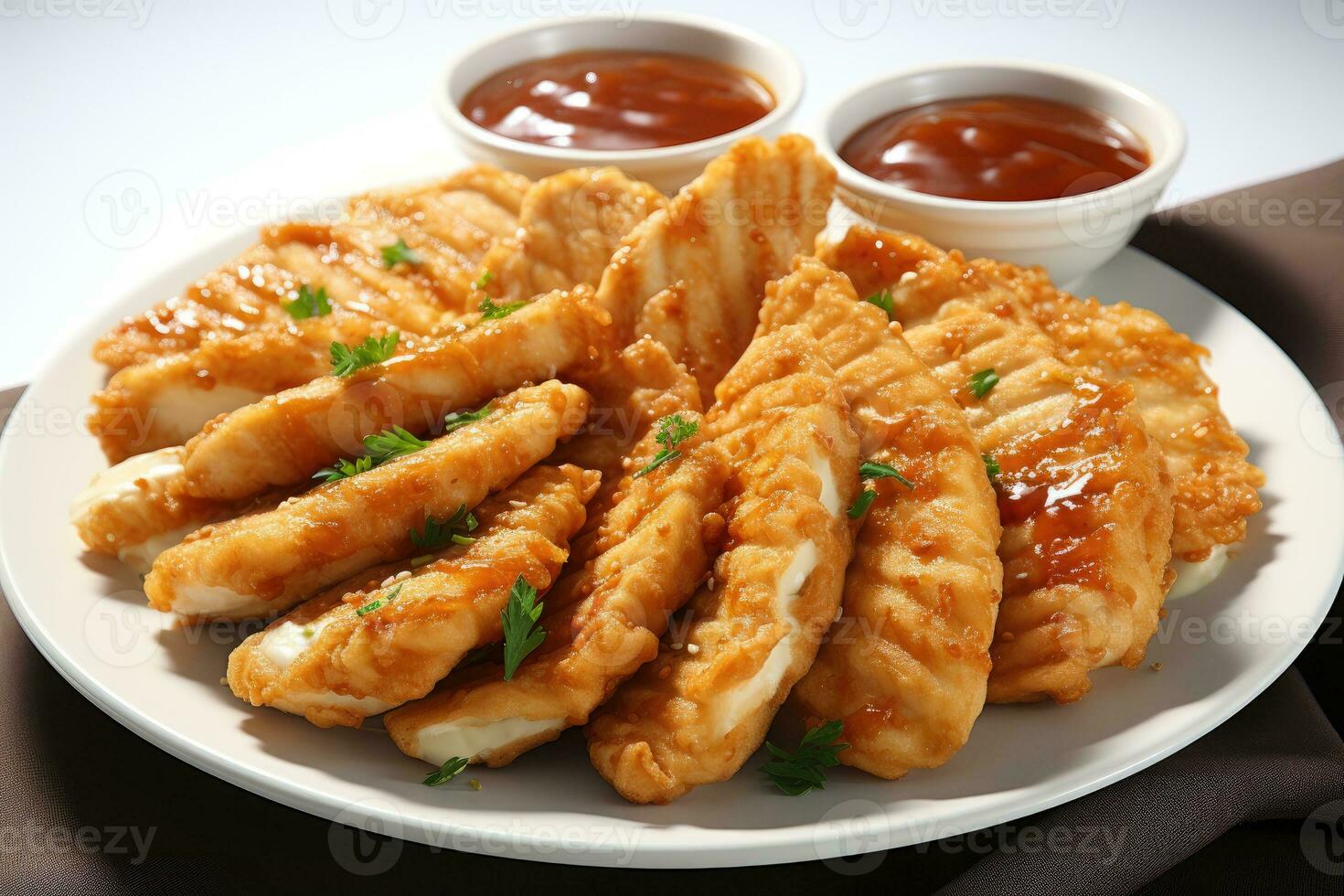 photos of chicken tenders in indoor photo studio AI Generated