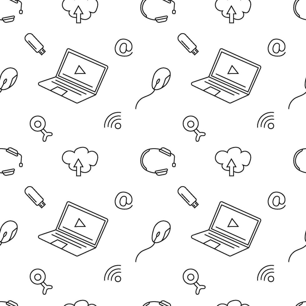 Laptop. Vector seamless pattern in doodle style.