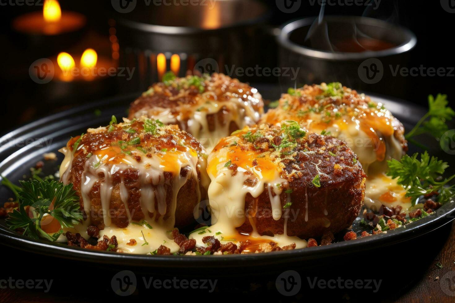 photos of cheesy beef rissole in indoor photo studio AI Generated