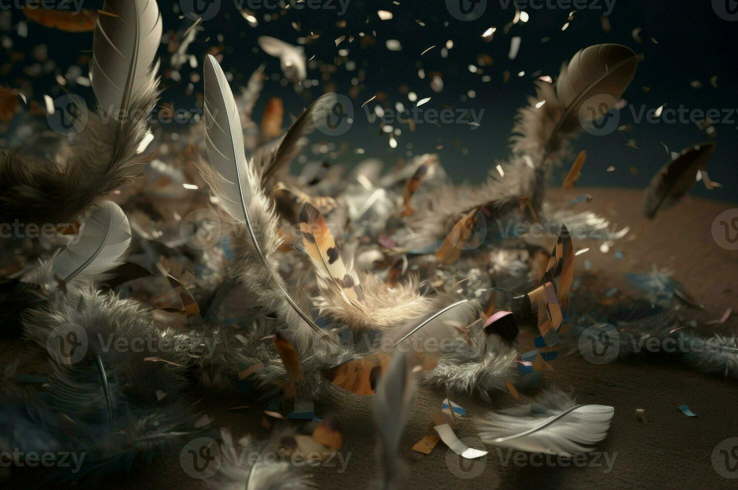 Falling feathers confetti in the air. Generate Ai photo