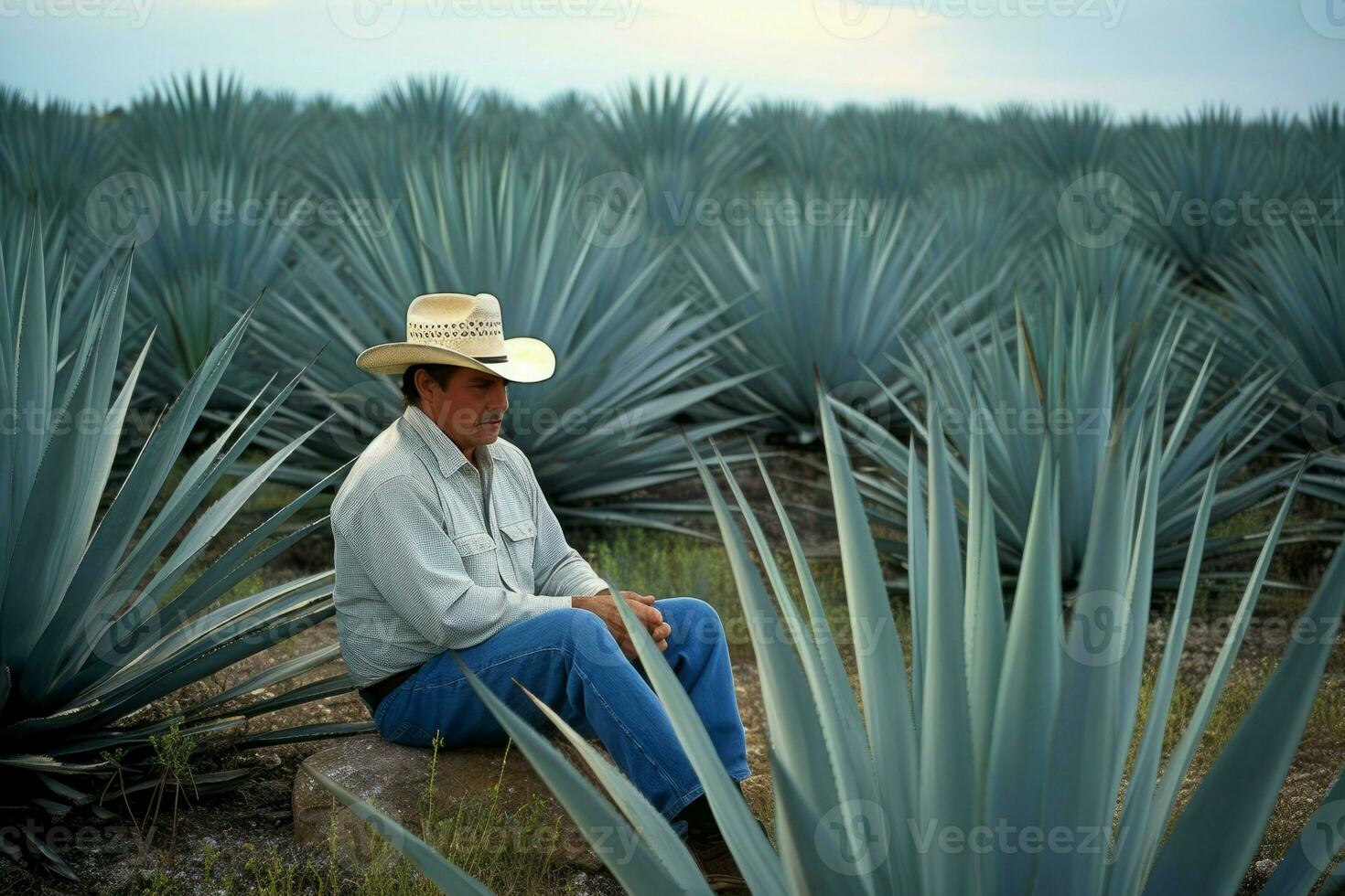 Man cowboy resting agave field. Generate Ai photo