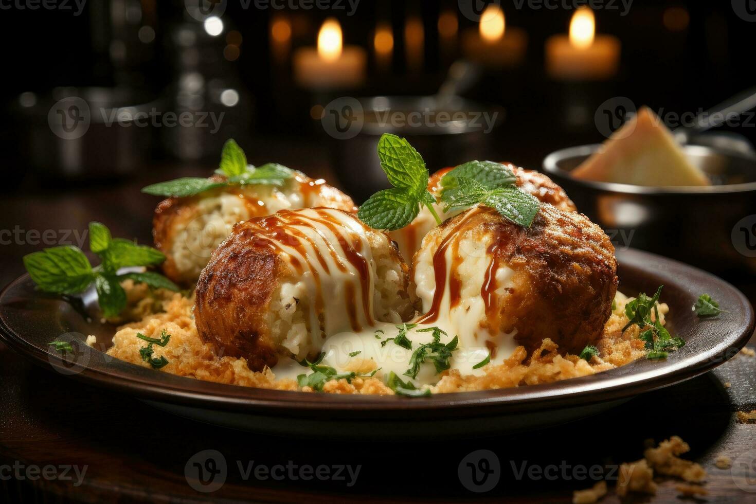 photos of cheesy beef rissole in indoor photo studio AI Generated