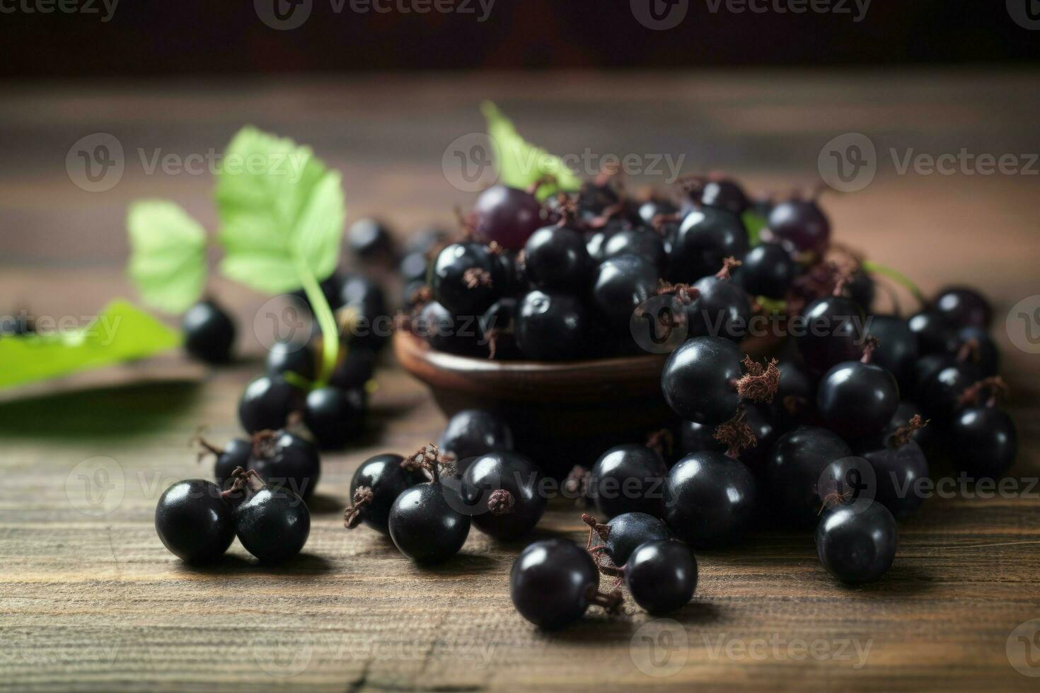 Black currant berries on wooden table. Generate Ai photo