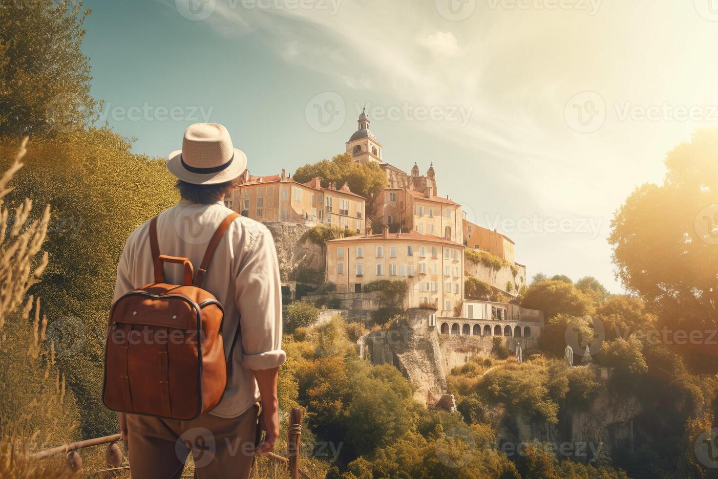 Back view of male tourist with backpack on vacation. Generate ai photo