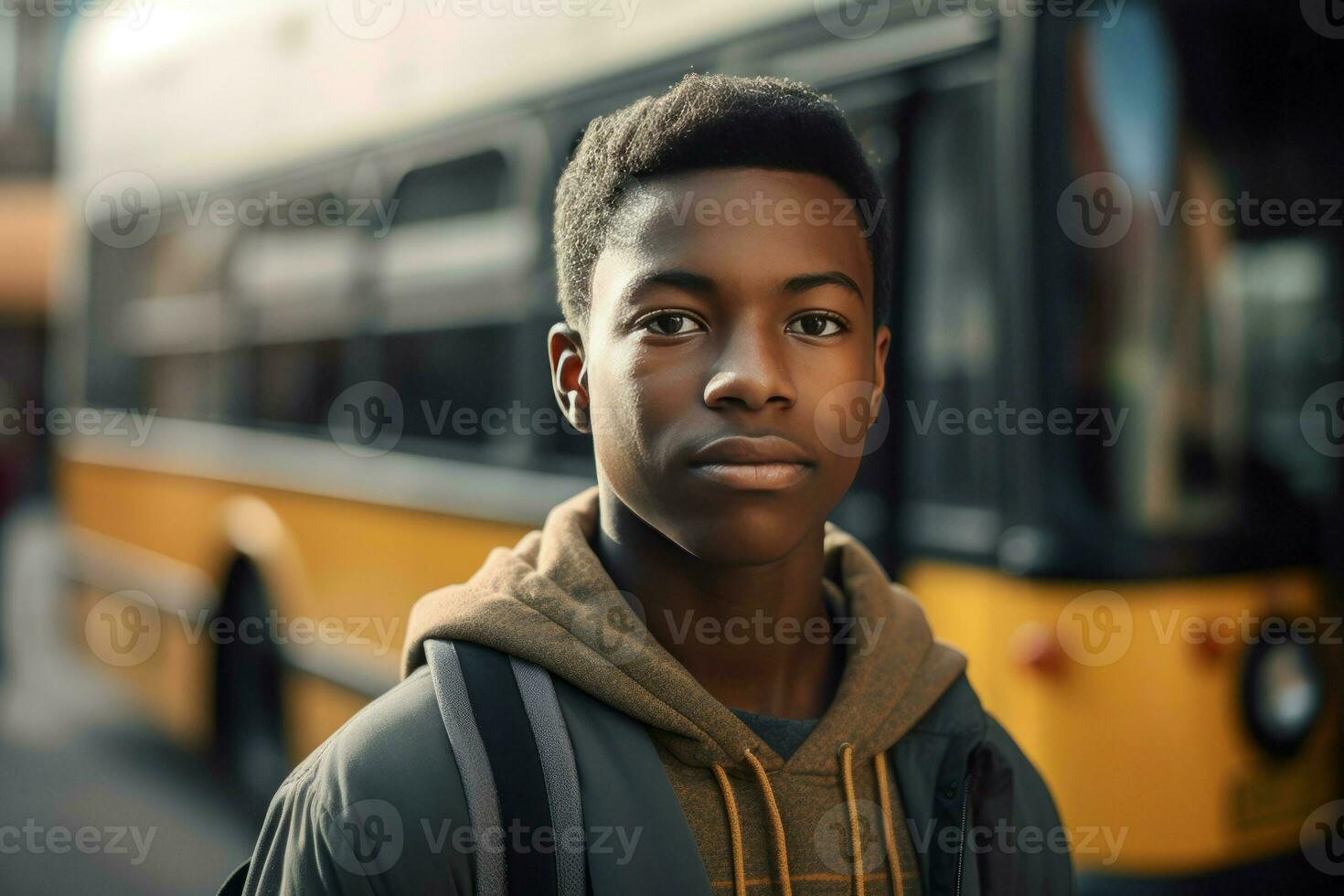 Black african student bus. Generate Ai photo