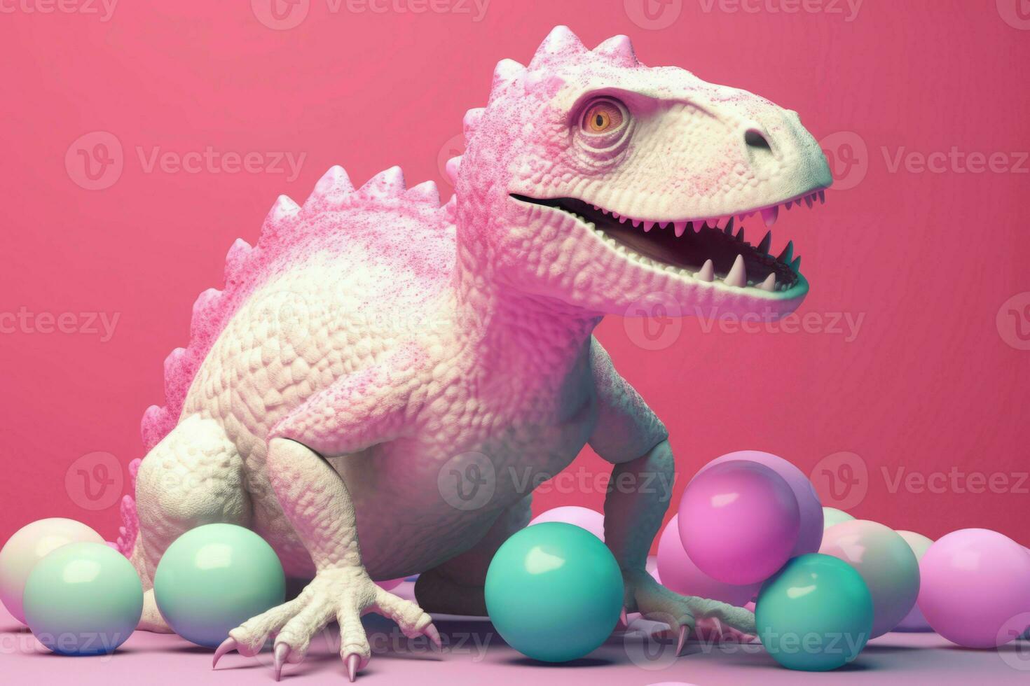 rosado dinosaurio con vistoso pastel pelotas. generar ai foto