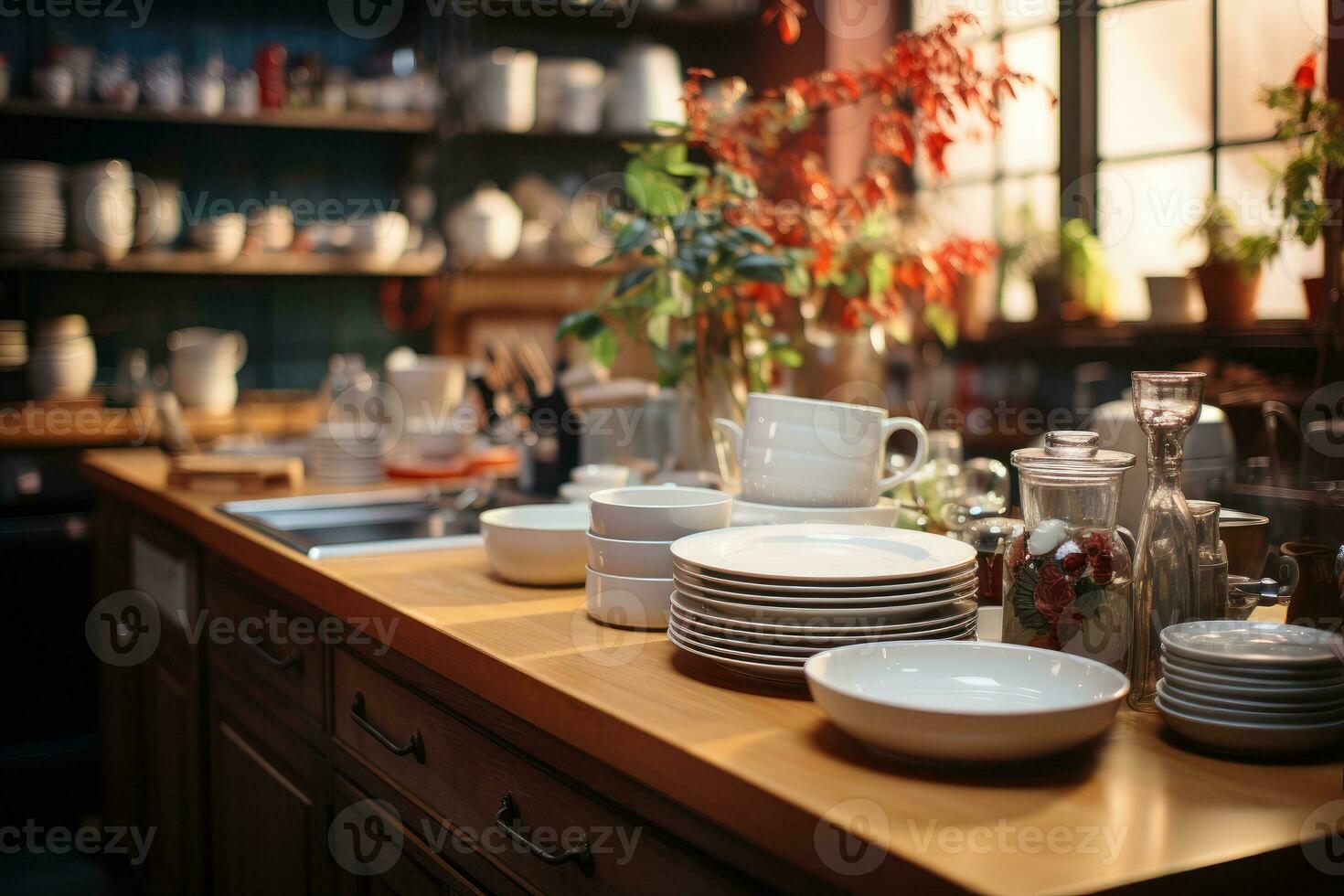 acogedor Mañana situación en el cocina ai generado foto