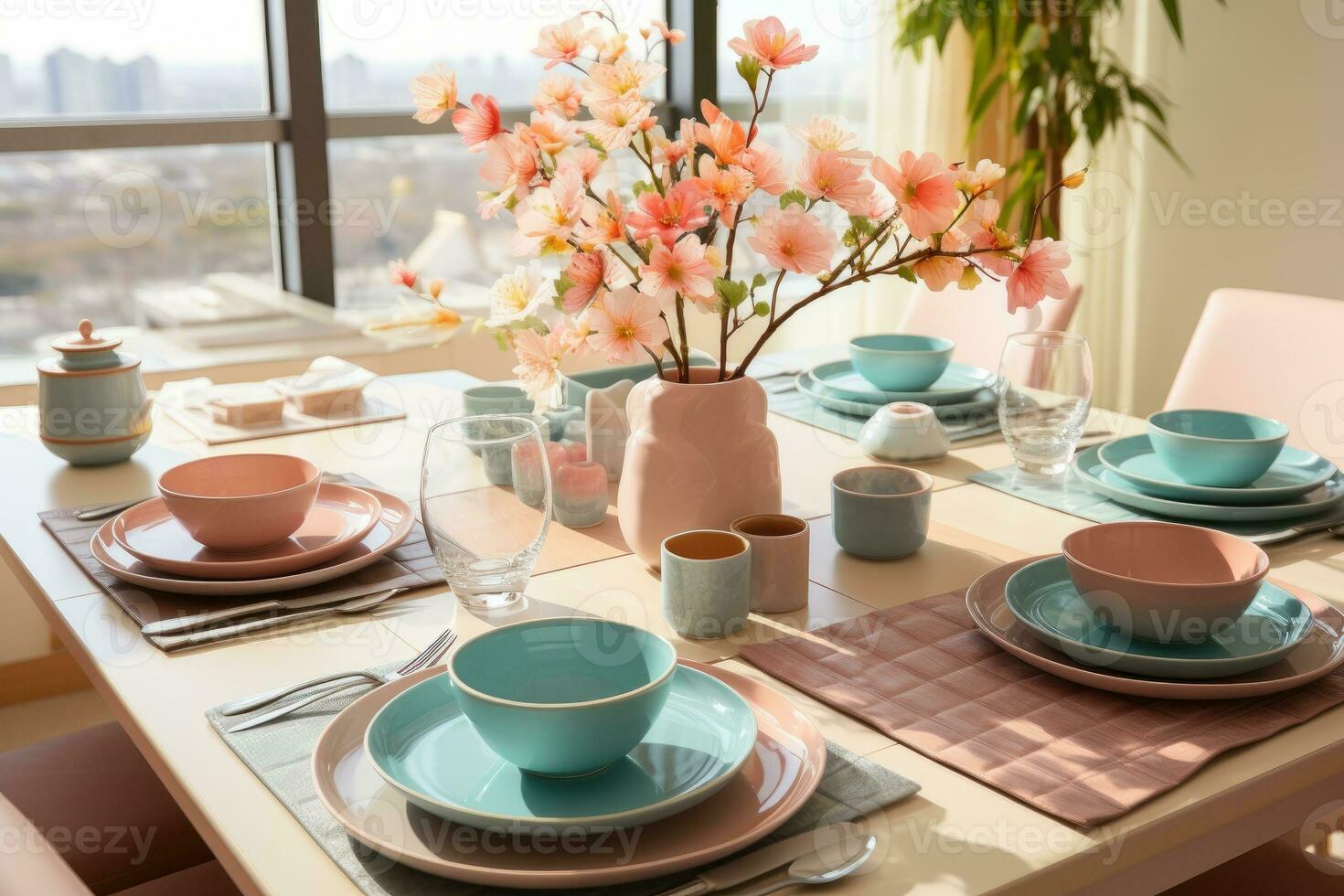 top view photos of table set in dining room AI Generated