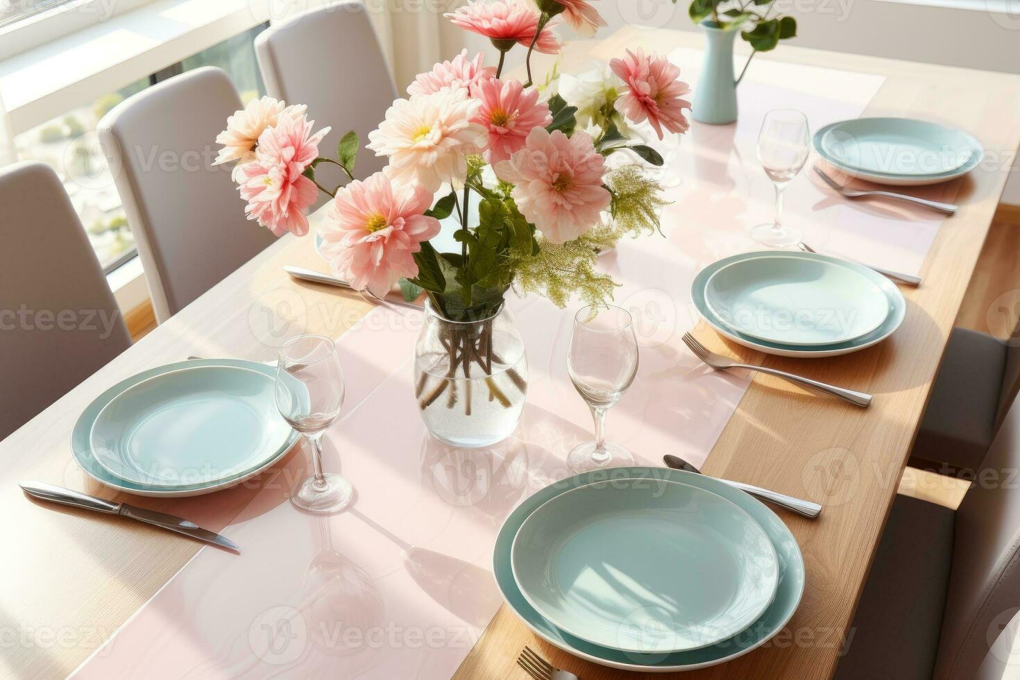 top view photos of table set in dining room AI Generated