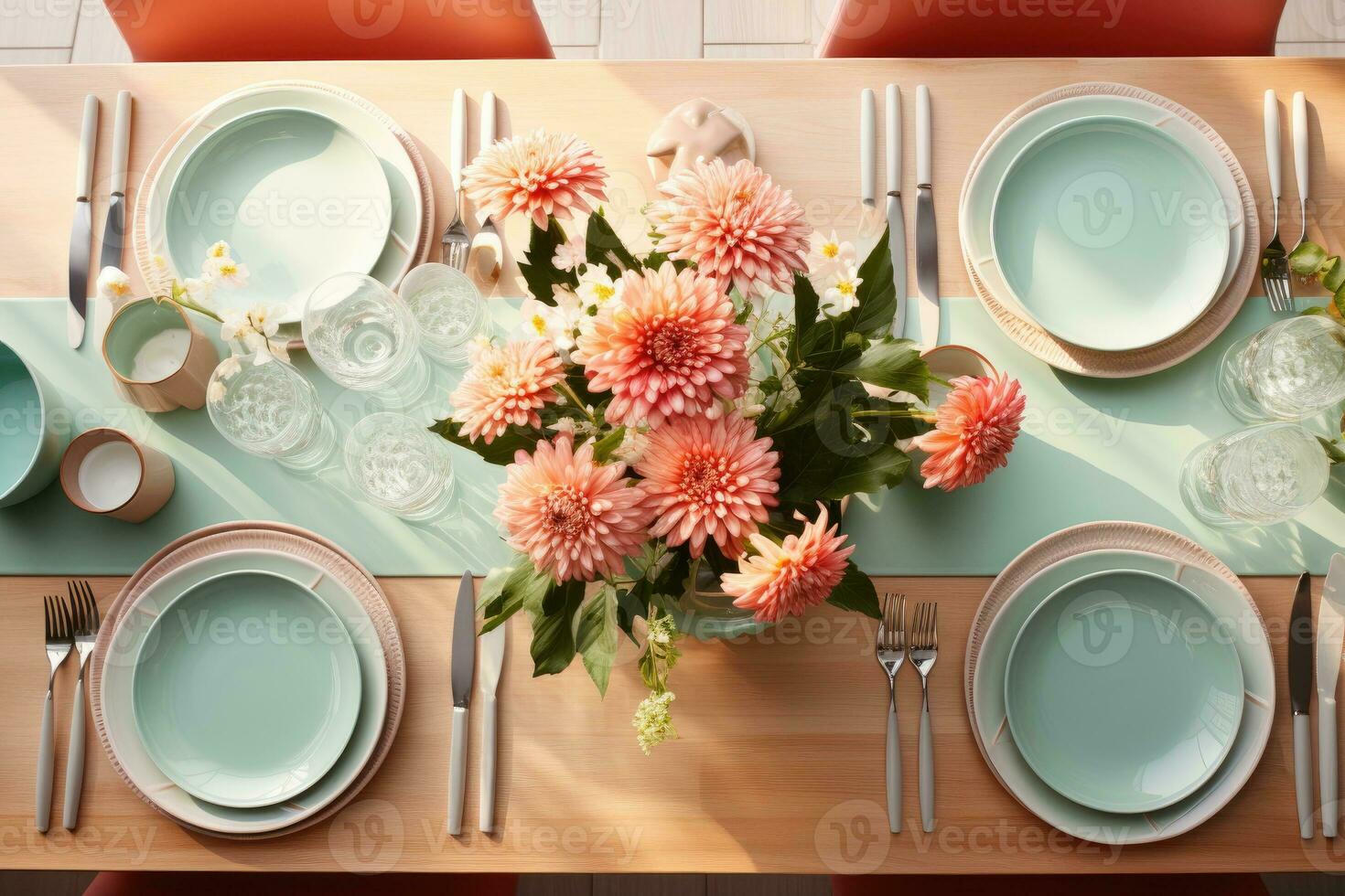 top view photos of table set in dining room AI Generated