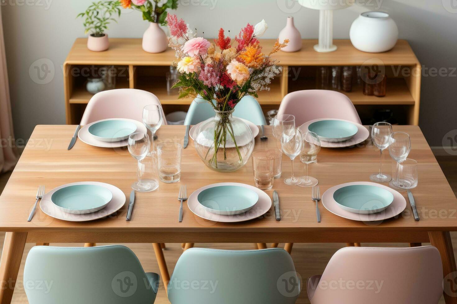 top view photos of table set in dining room AI Generated