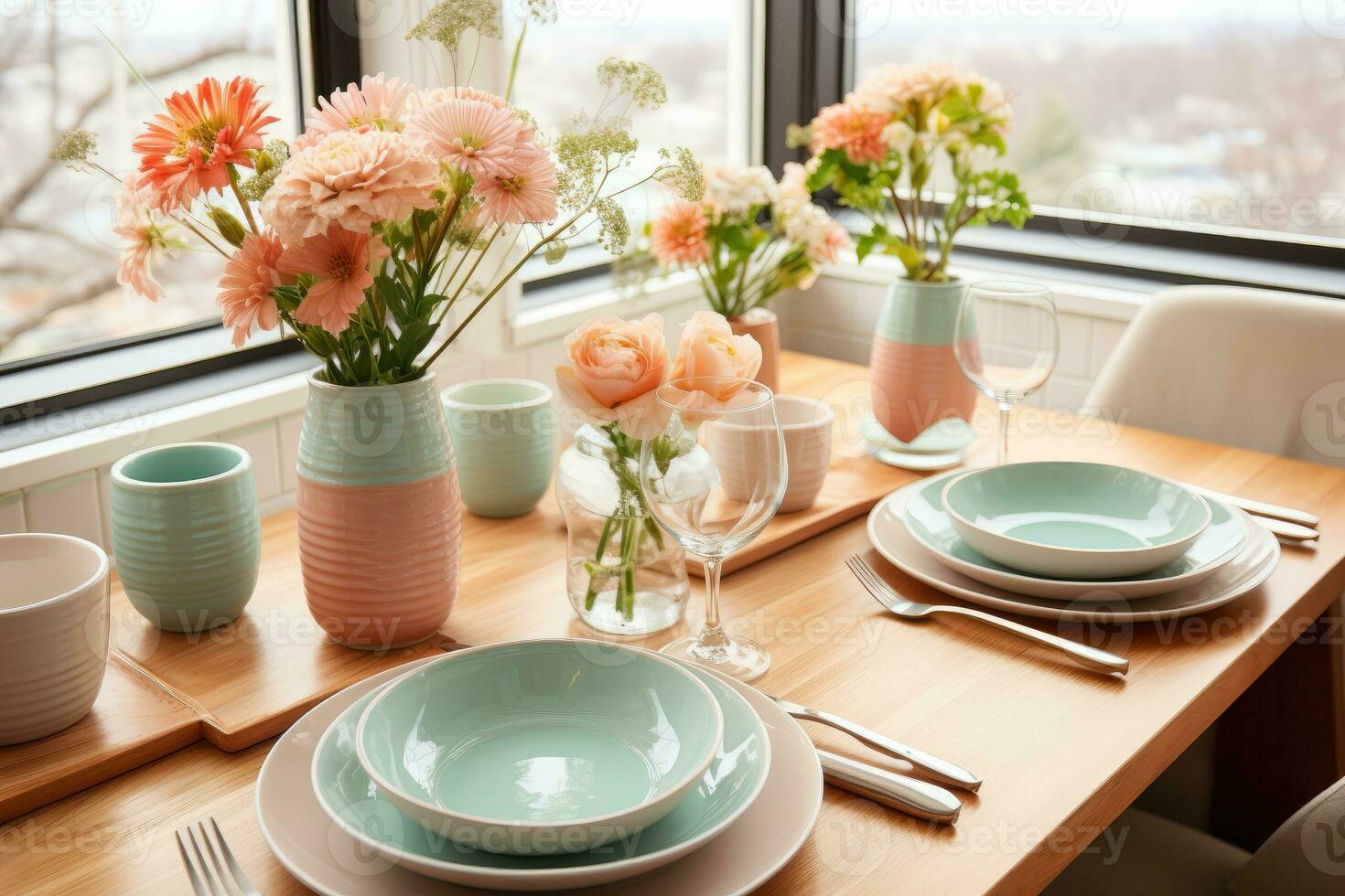 top view photos of table set in dining room AI Generated