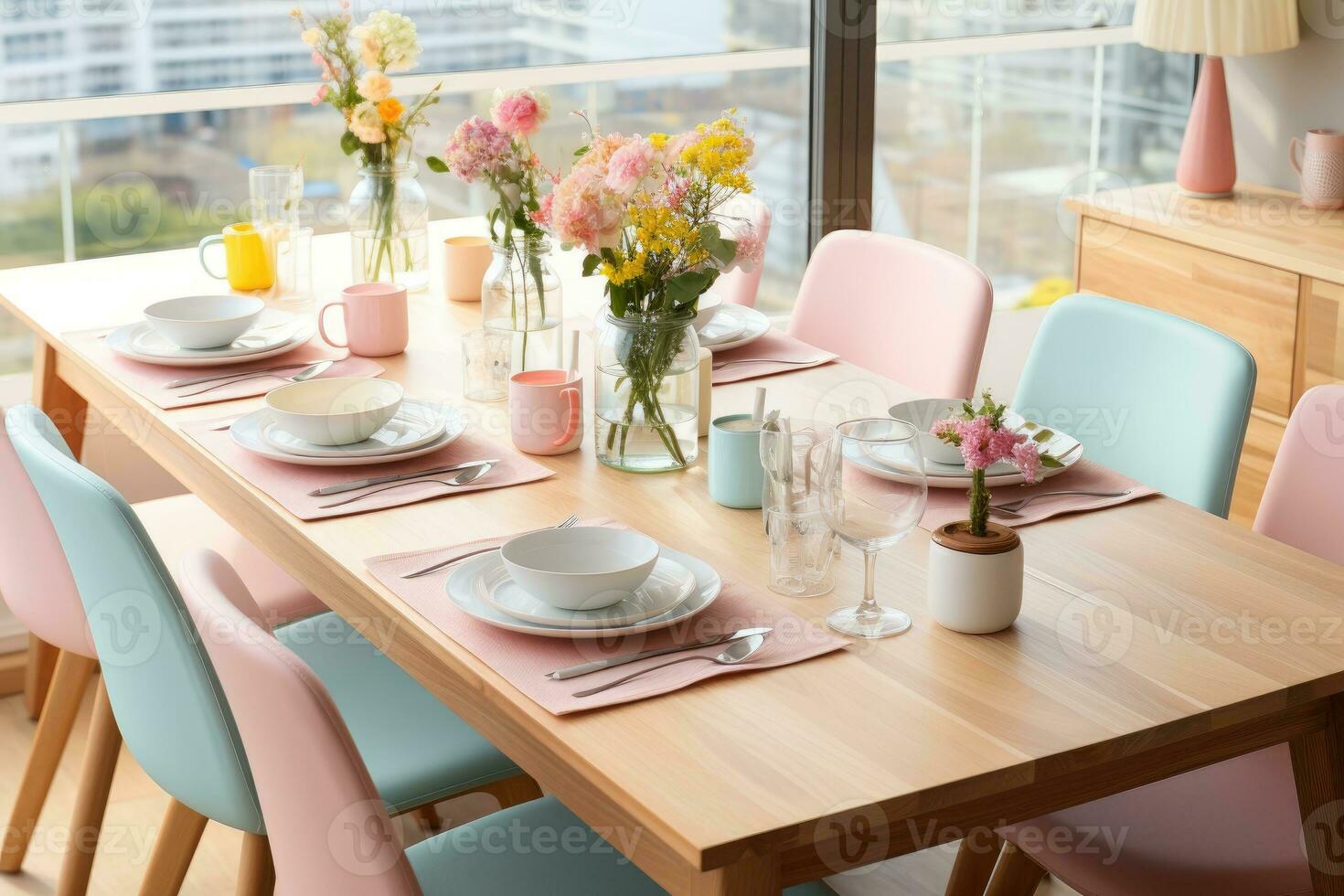 top view photos of table set in dining room AI Generated